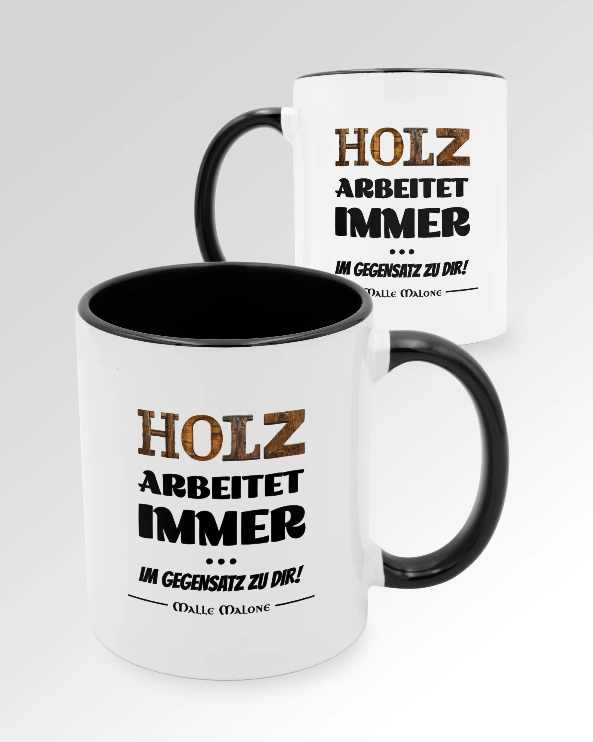 Seitenansicht der beidseitig bedruckten Keramiktasse von Maondo mit dem Design Holzarbeit in der Farbe Duotone