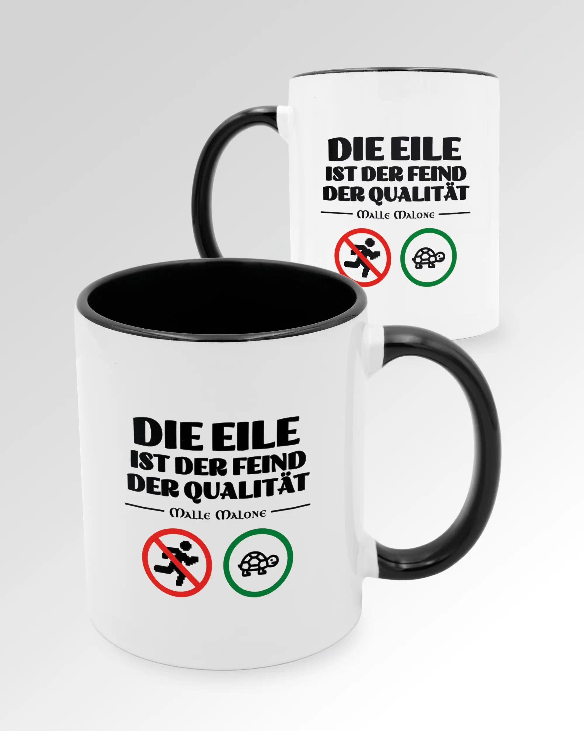 Seitenansicht der beidseitig bedruckten Keramiktasse von Maondo mit dem Design Keine Eile in der Farbe Duotone