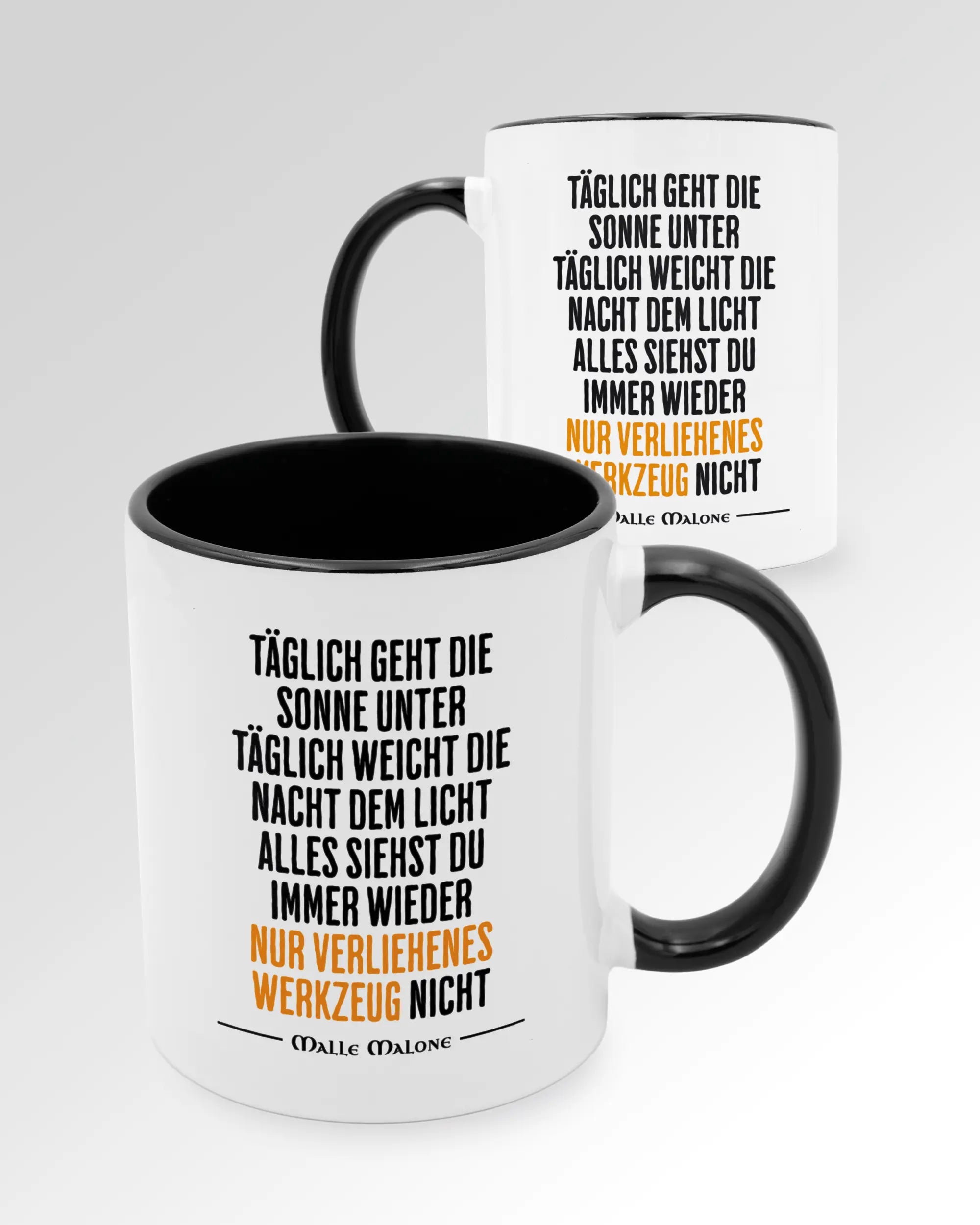 Seitenansicht der beidseitig bedruckten Keramiktasse von Maondo mit dem Design Wegzeug in der Farbe Duotone
