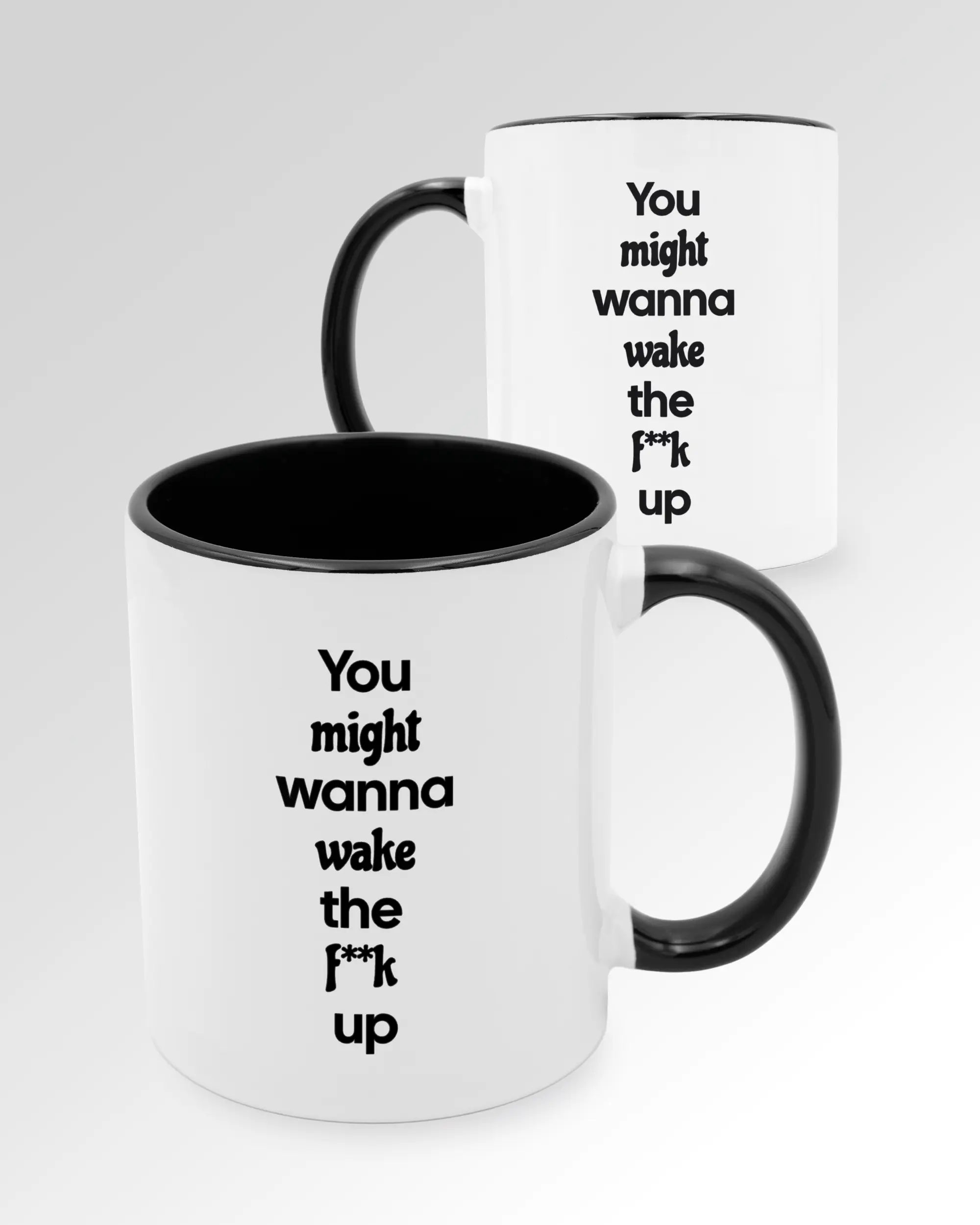 Seitenansicht der beidseitig bedruckten Keramiktasse von Maondo mit dem Design Wanna Wake in der Farbe Duotone