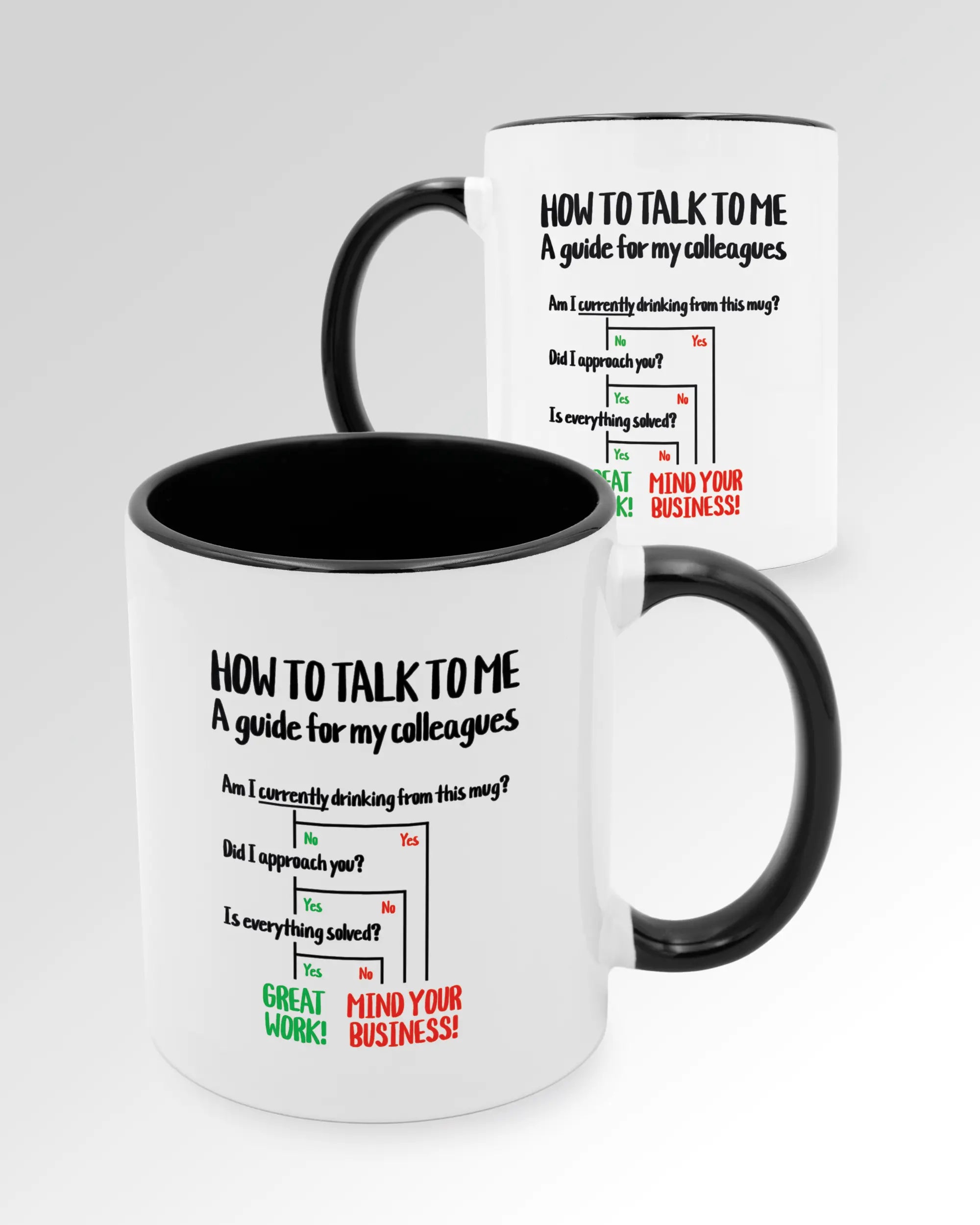 Seitenansicht der beidseitig bedruckten Keramiktasse von Maondo mit dem Design Colleagues Guide in der Farbe Duotone