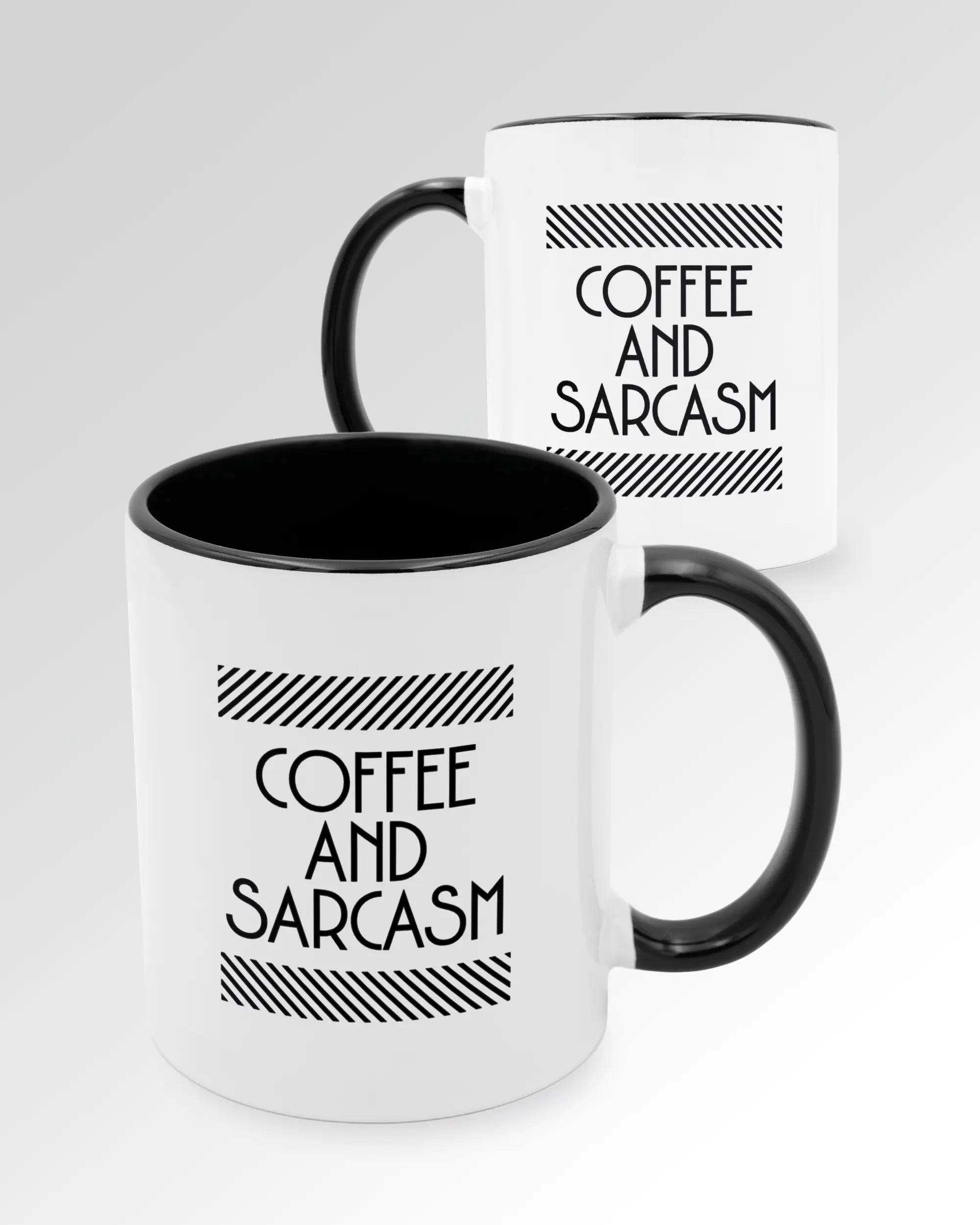 Seitenansicht der beidseitig bedruckten Keramiktasse von Maondo mit dem Design Sarcastic Cup in der Farbe Duotone