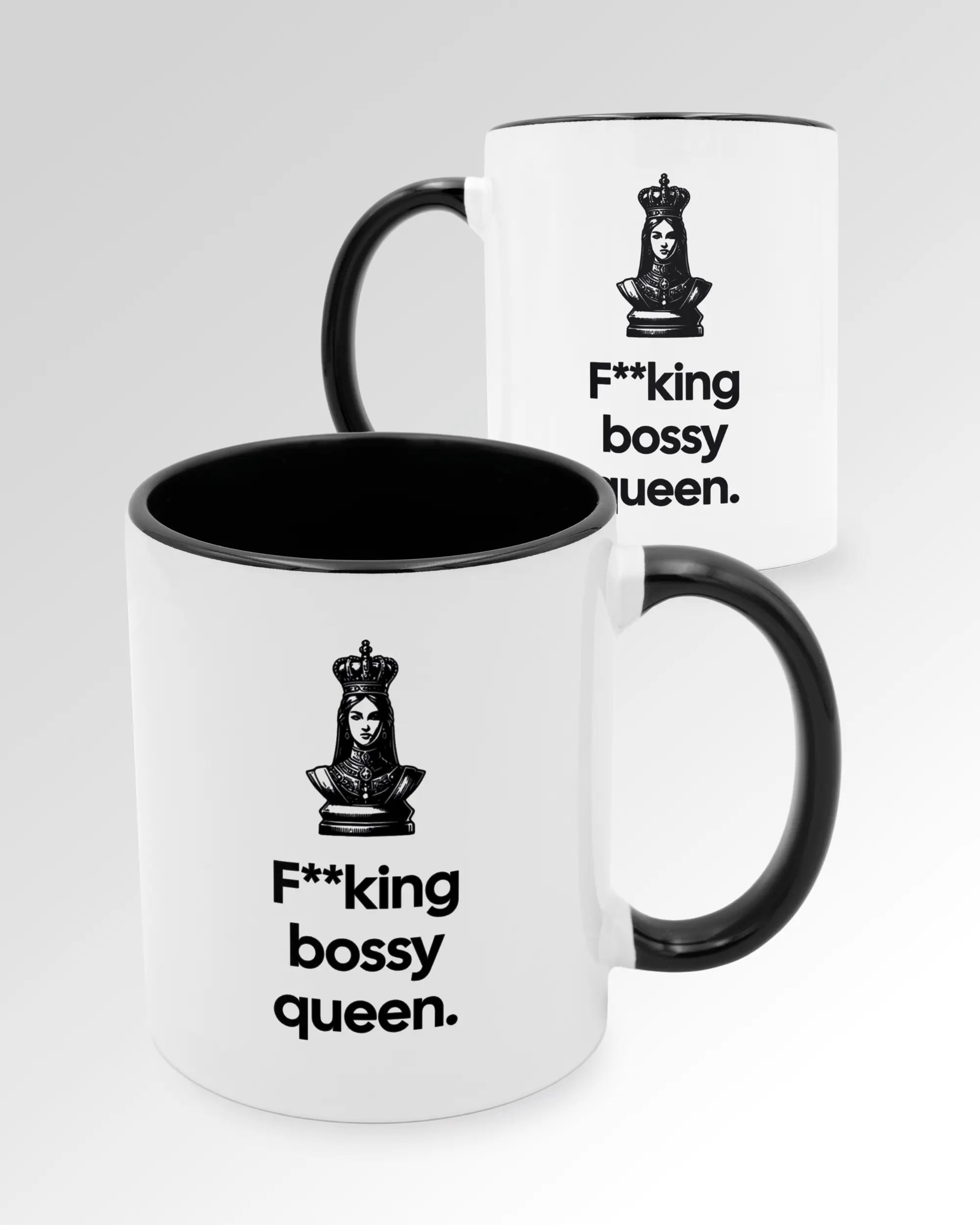 Seitenansicht der beidseitig bedruckten Keramiktasse von Maondo mit dem Design Bossy Queen in der Farbe Duotone