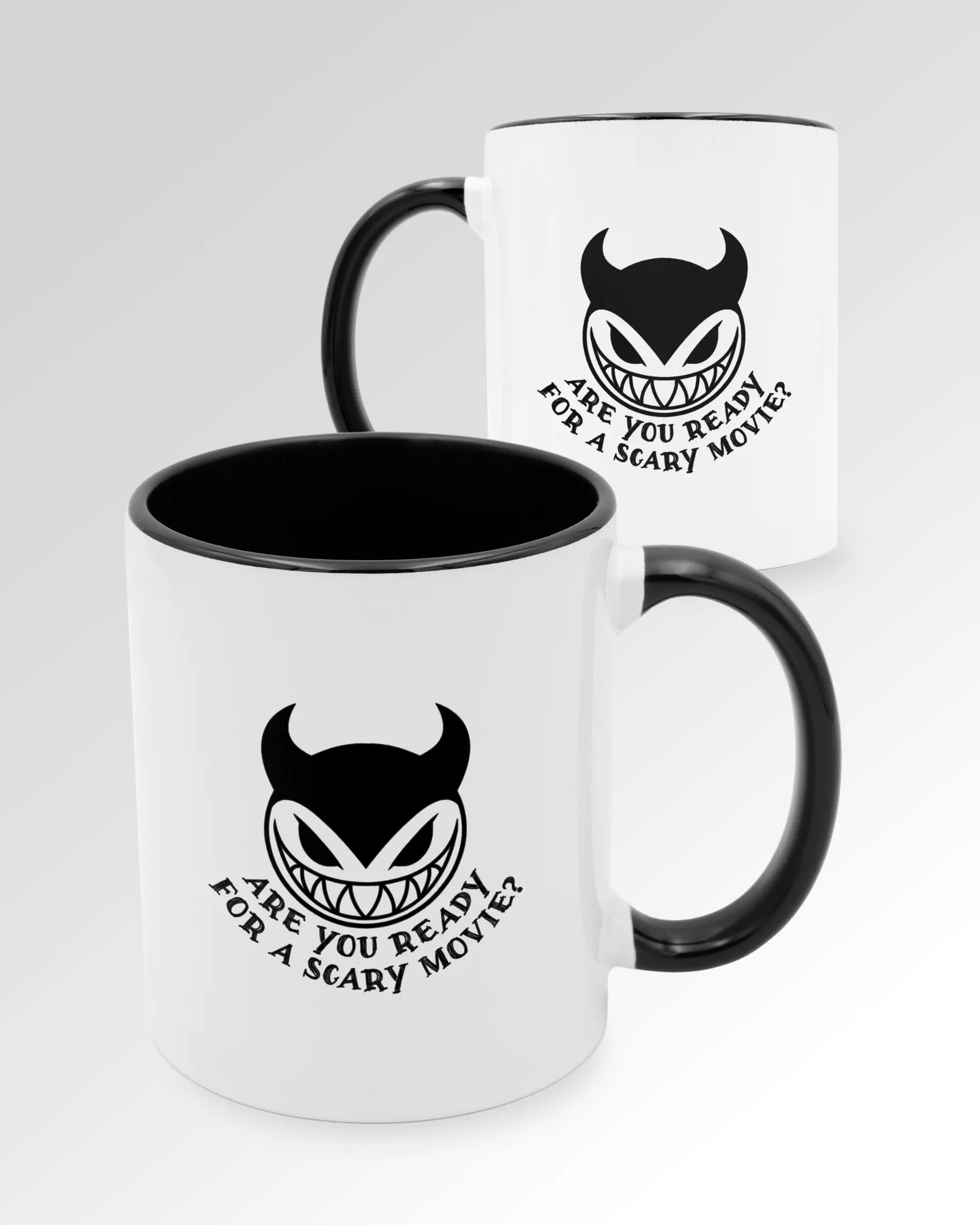 Seitenansicht der beidseitig bedruckten Keramiktasse von Maondo mit dem Design Scary Movie in der Farbe Duotone