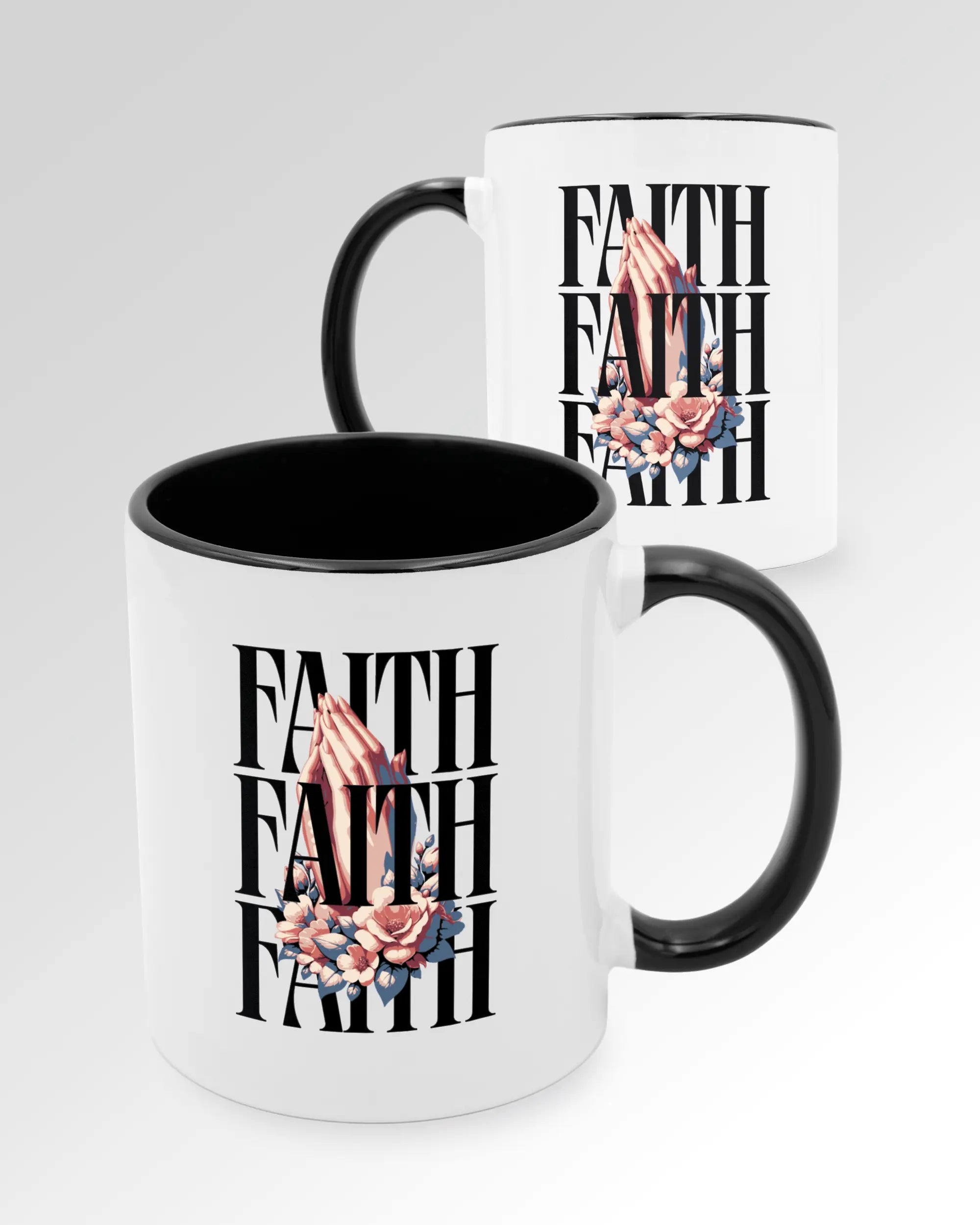 Seitenansicht der beidseitig bedruckten Keramiktasse von Maondo mit dem Design Faith X3 in der Farbe Duotone