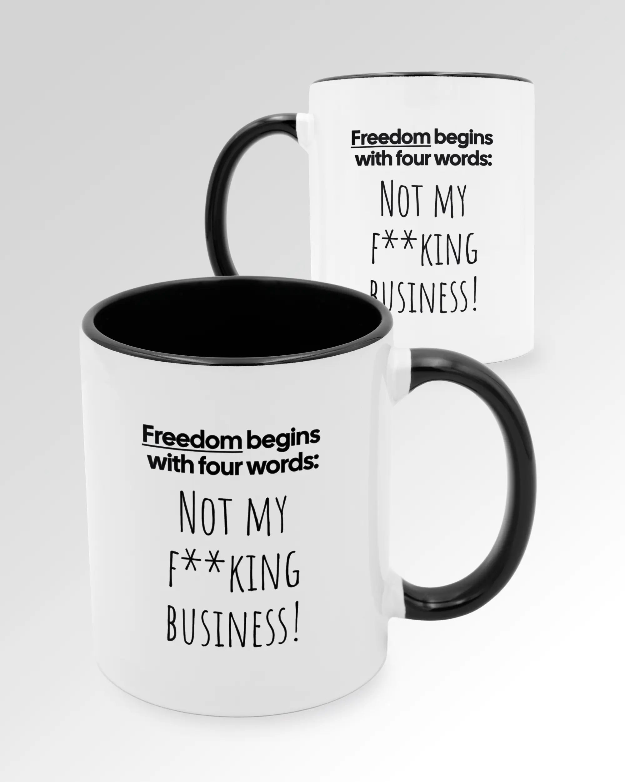 Seitenansicht der beidseitig bedruckten Keramiktasse von Maondo mit dem Design 4 Freedom in der Farbe Duotone