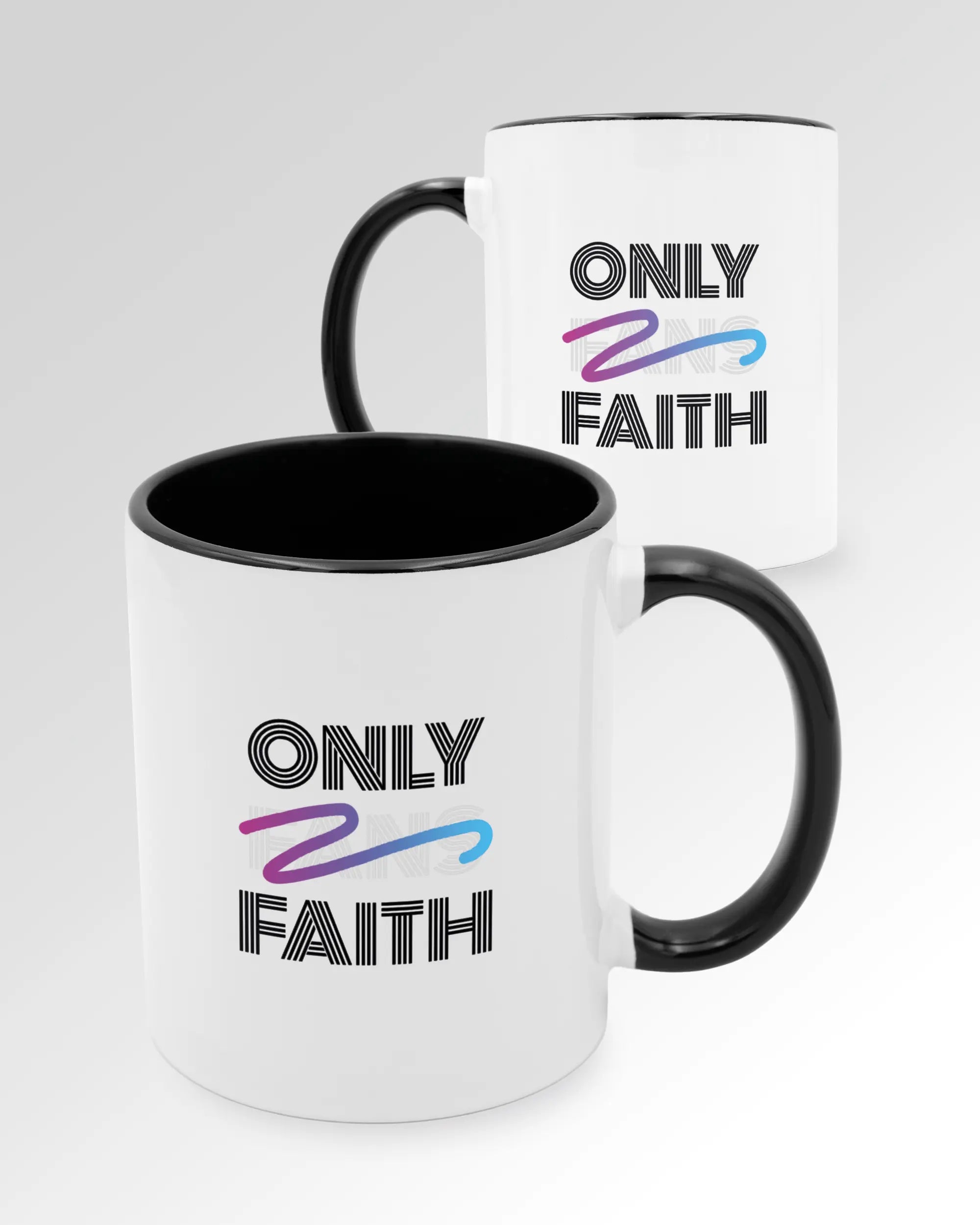 Seitenansicht der beidseitig bedruckten Keramiktasse von Maondo mit dem Design Only Faith in der Farbe Duotone