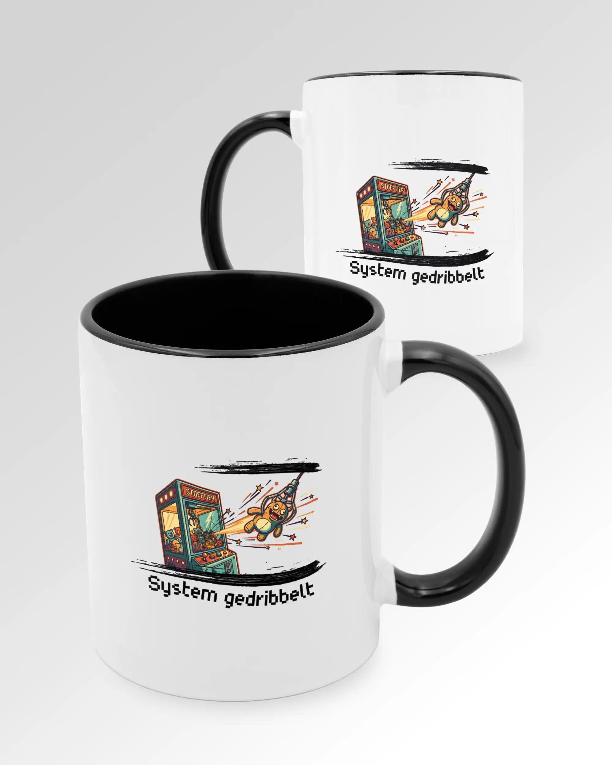 Seitenansicht der beidseitig bedruckten Keramiktasse von Maondo mit dem Design System gedribbelt in der Farbe Duotone