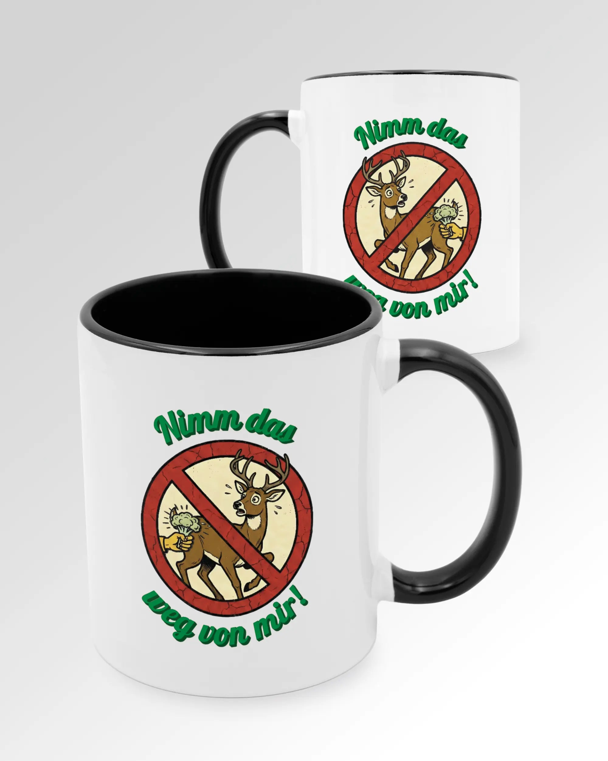 Seitenansicht der beidseitig bedruckten Keramiktasse von Maondo mit dem Design Reh weg in der Farbe Duotone