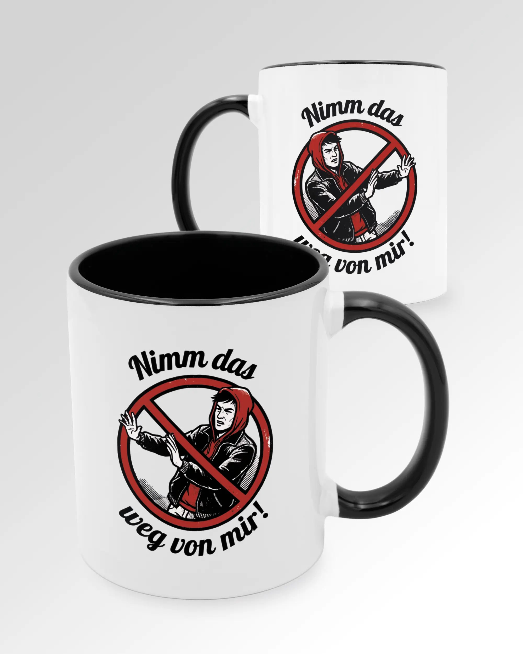 Seitenansicht der beidseitig bedruckten Keramiktasse von Maondo mit dem Design Nimm das weg in der Farbe Duotone