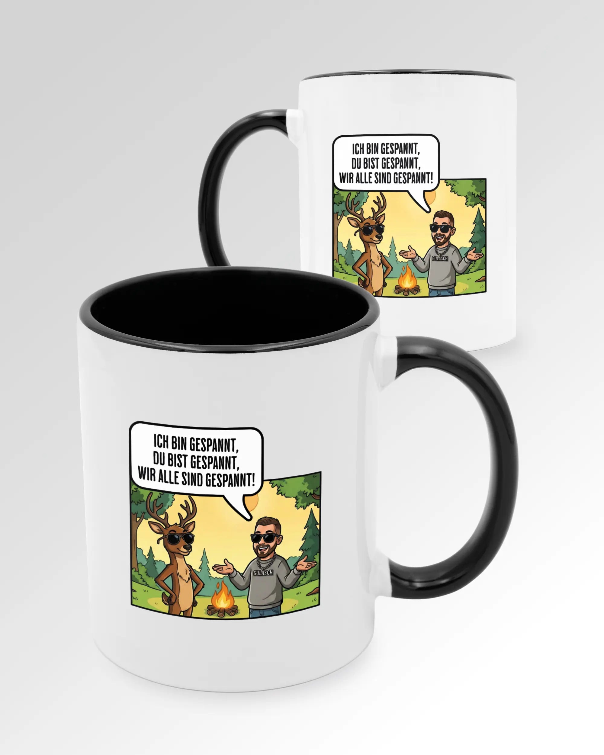 Seitenansicht der beidseitig bedruckten Keramiktasse von Maondo mit dem Design Vollspannung in der Farbe Duotone