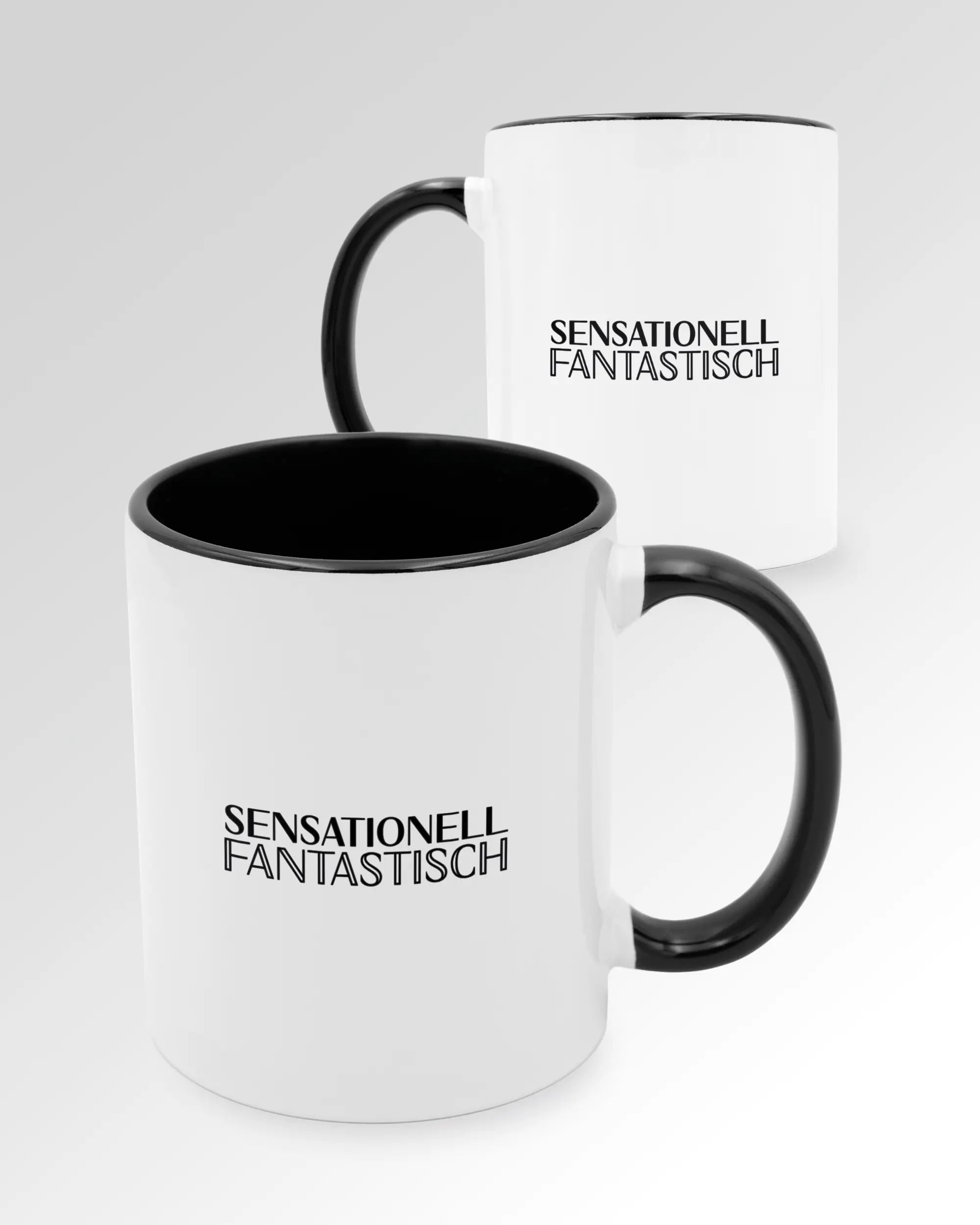 Seitenansicht der beidseitig bedruckten Keramiktasse von Maondo mit dem Design Sensationell in der Farbe Duotone