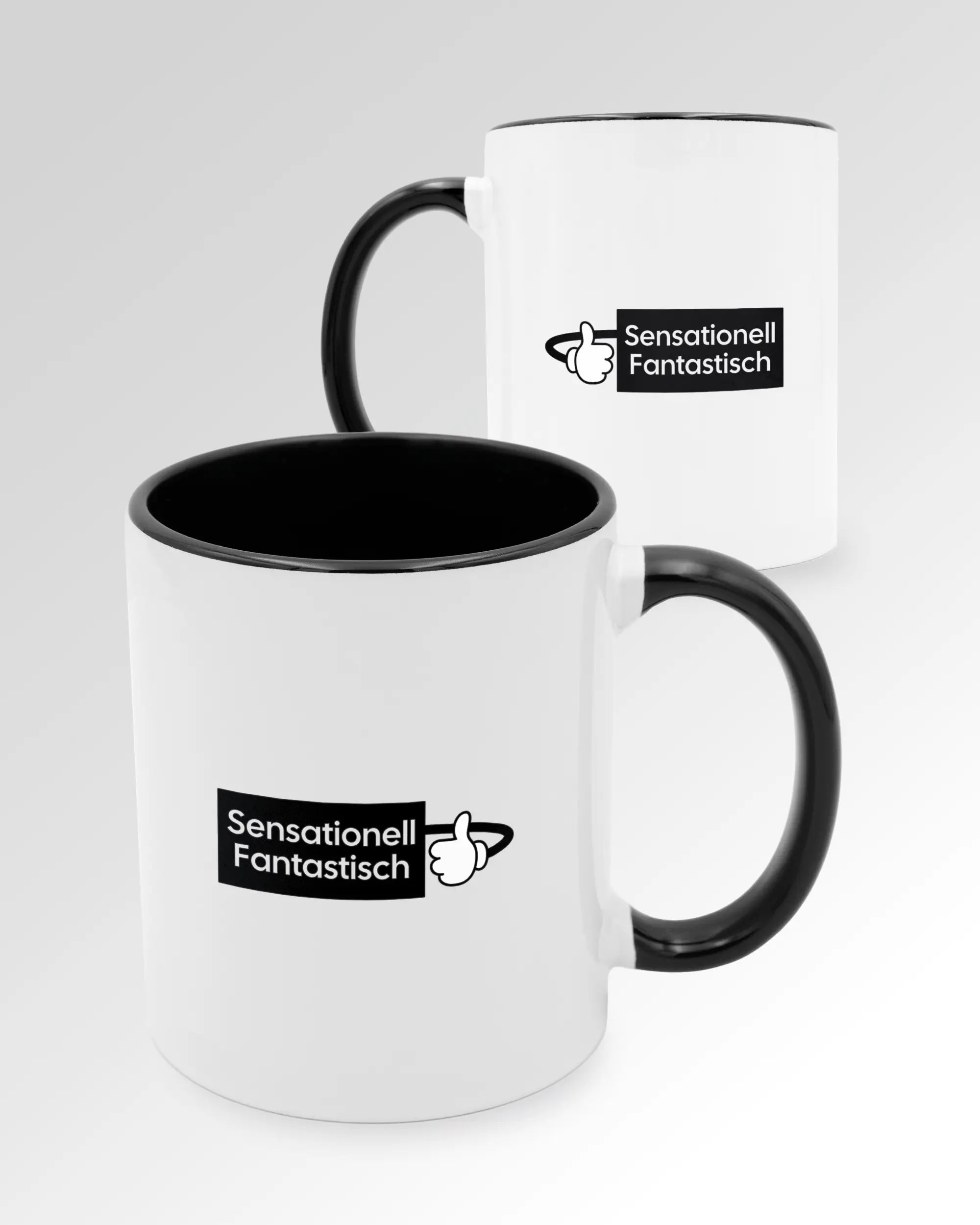 Seitenansicht der beidseitig bedruckten Keramiktasse von Maondo mit dem Design Fantastisch in der Farbe Duotone