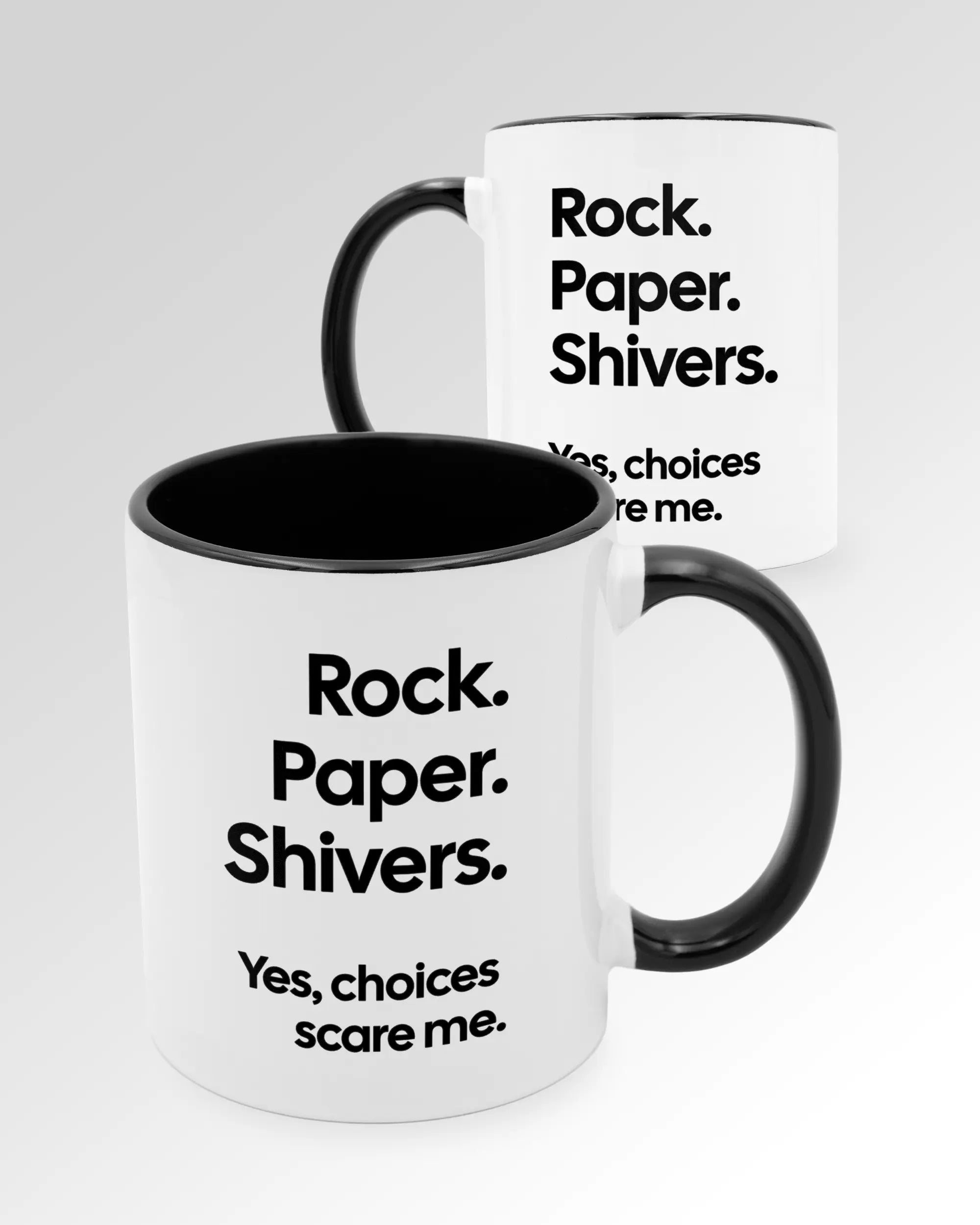 Seitenansicht der beidseitig bedruckten Keramiktasse von Maondo mit dem Design Rock Paper Shivers in der Farbe Duotone