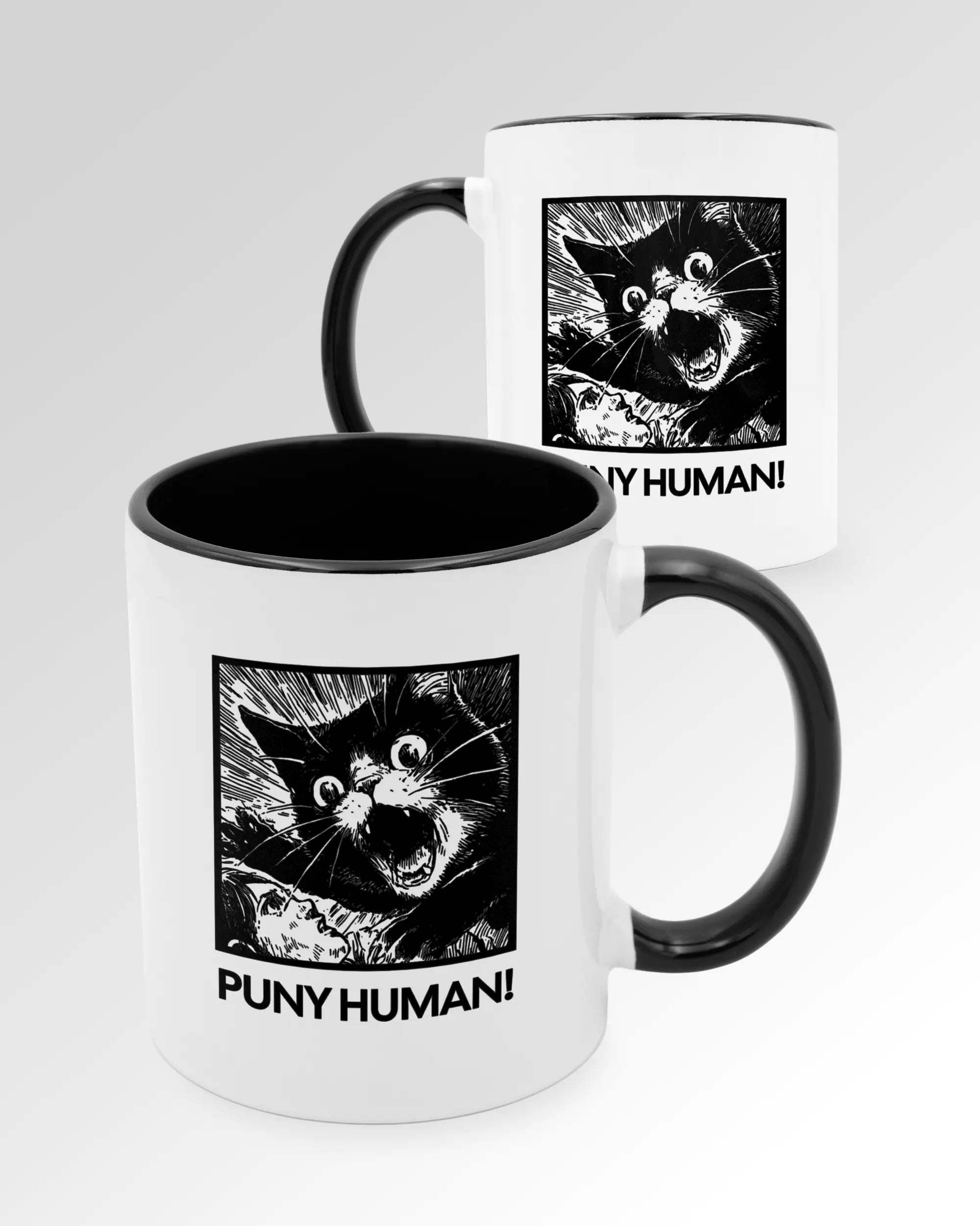 Seitenansicht der beidseitig bedruckten Keramiktasse von Maondo mit dem Design Puny Human in der Farbe Duotone