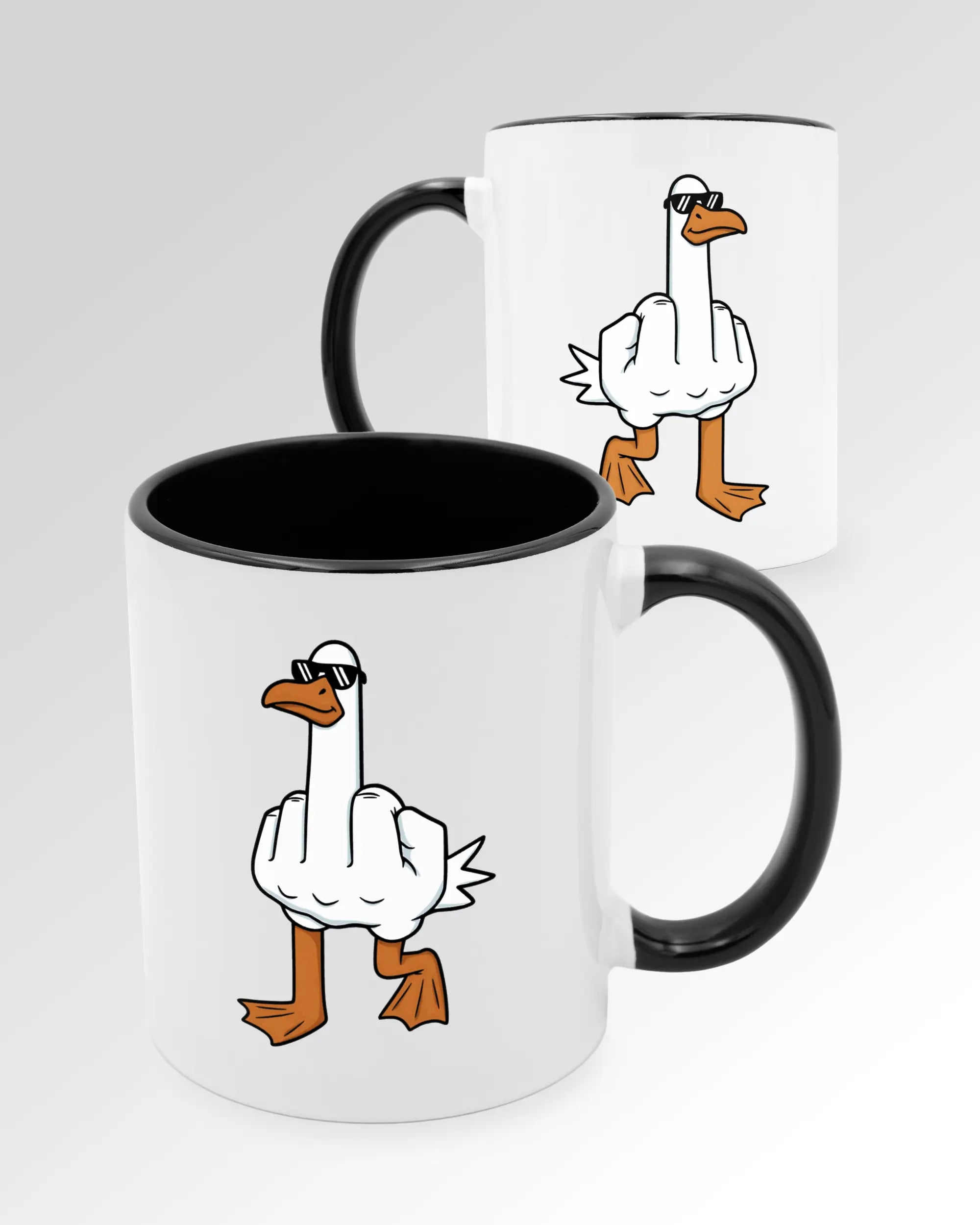 Seitenansicht der beidseitig bedruckten Keramiktasse von Maondo mit dem Design I give a duck in der Farbe Duotone