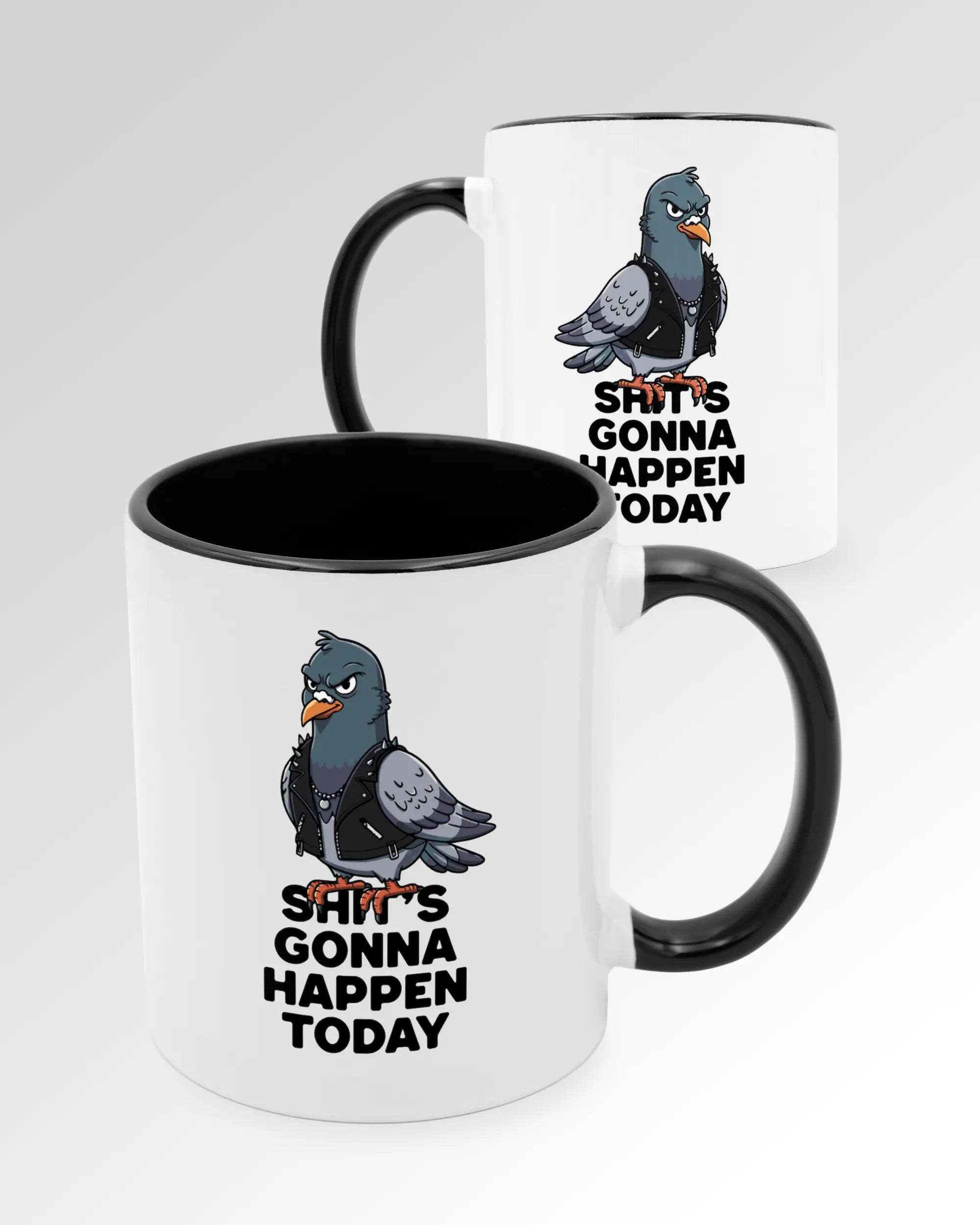 Seitenansicht der beidseitig bedruckten Keramiktasse von Maondo mit dem Design Pigeon Pun in der Farbe Duotone