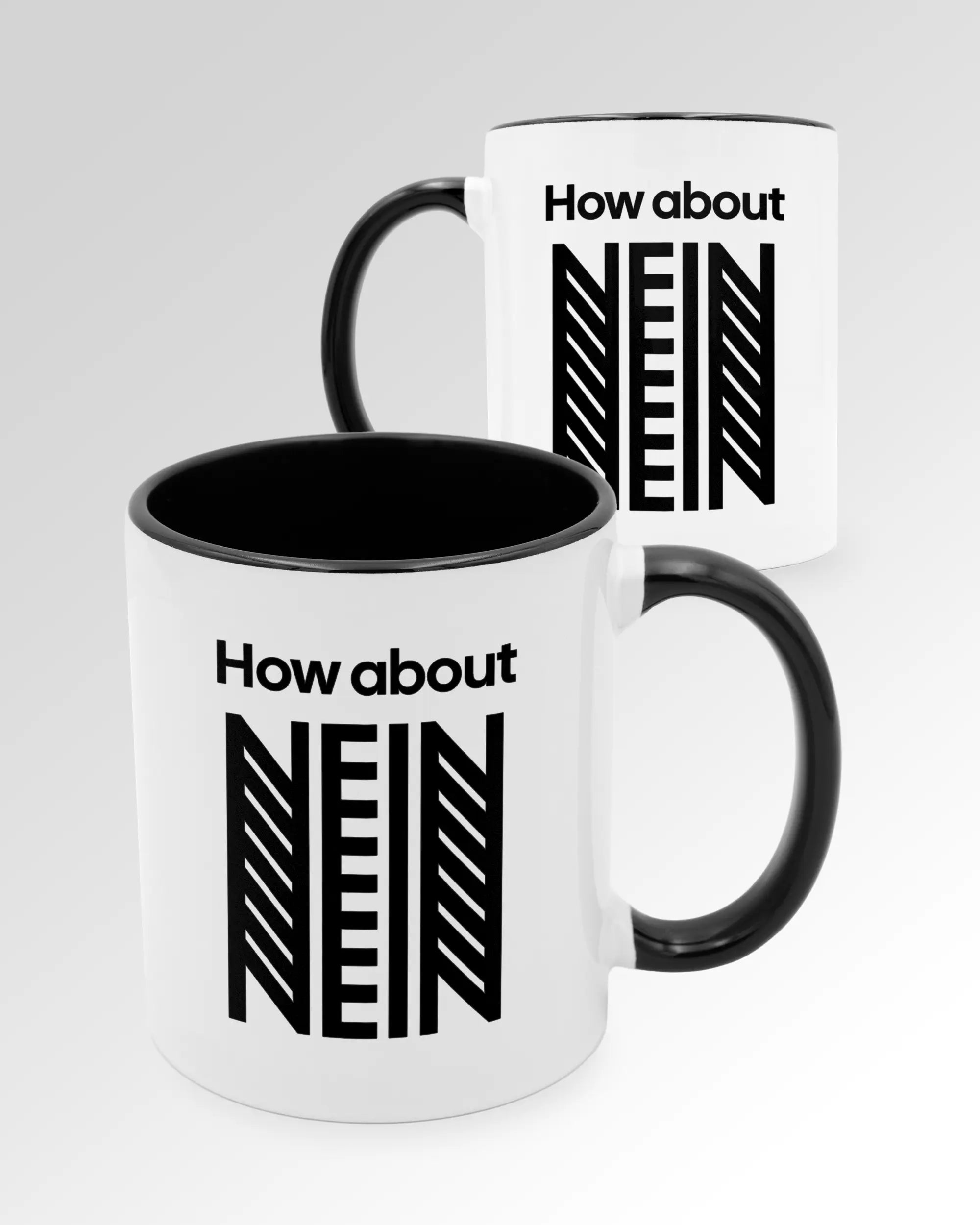 Seitenansicht der beidseitig bedruckten Keramiktasse von Maondo mit dem Design How about nein in der Farbe Duotone