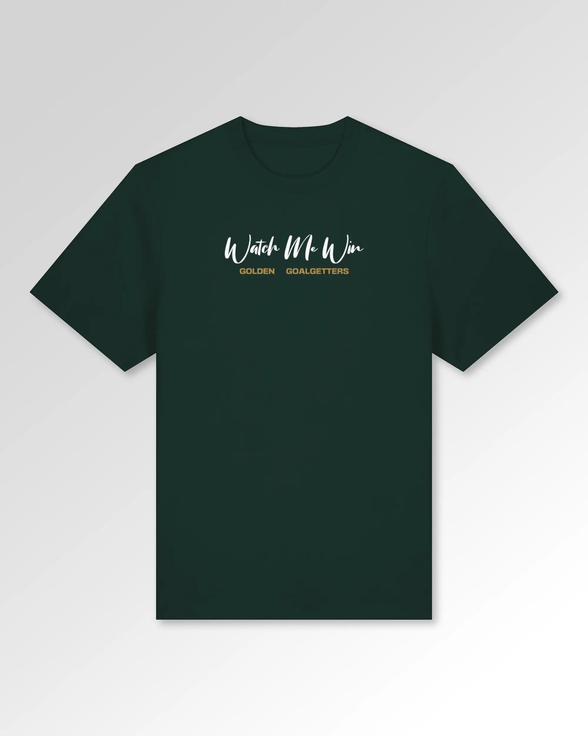 Packshot der primären Druckseite des Organic Unisex T-Shirts von Maondo im Relaxed Fit mit dem Design Golden Goalgetters in der Farbe Glazed Green