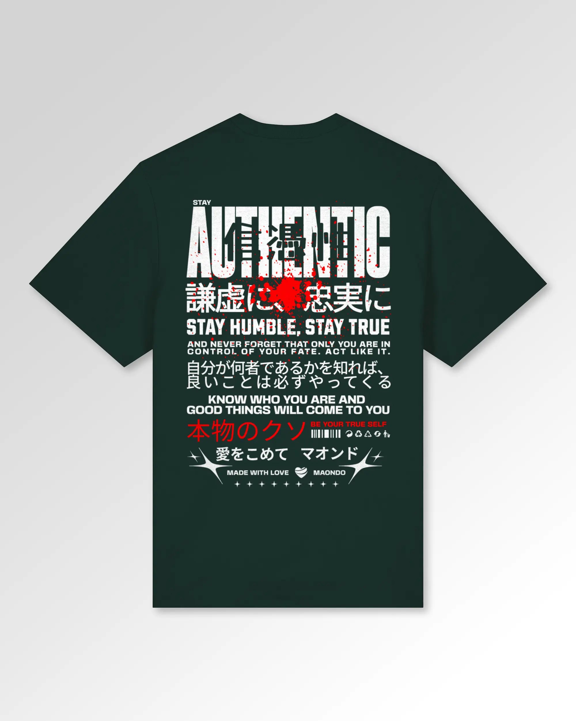 Packshot der sekundären Druckseite des Organic Unisex T-Shirts von Maondo im Relaxed Fit mit dem Design Authentic Shit in der Farbe Glazed Green