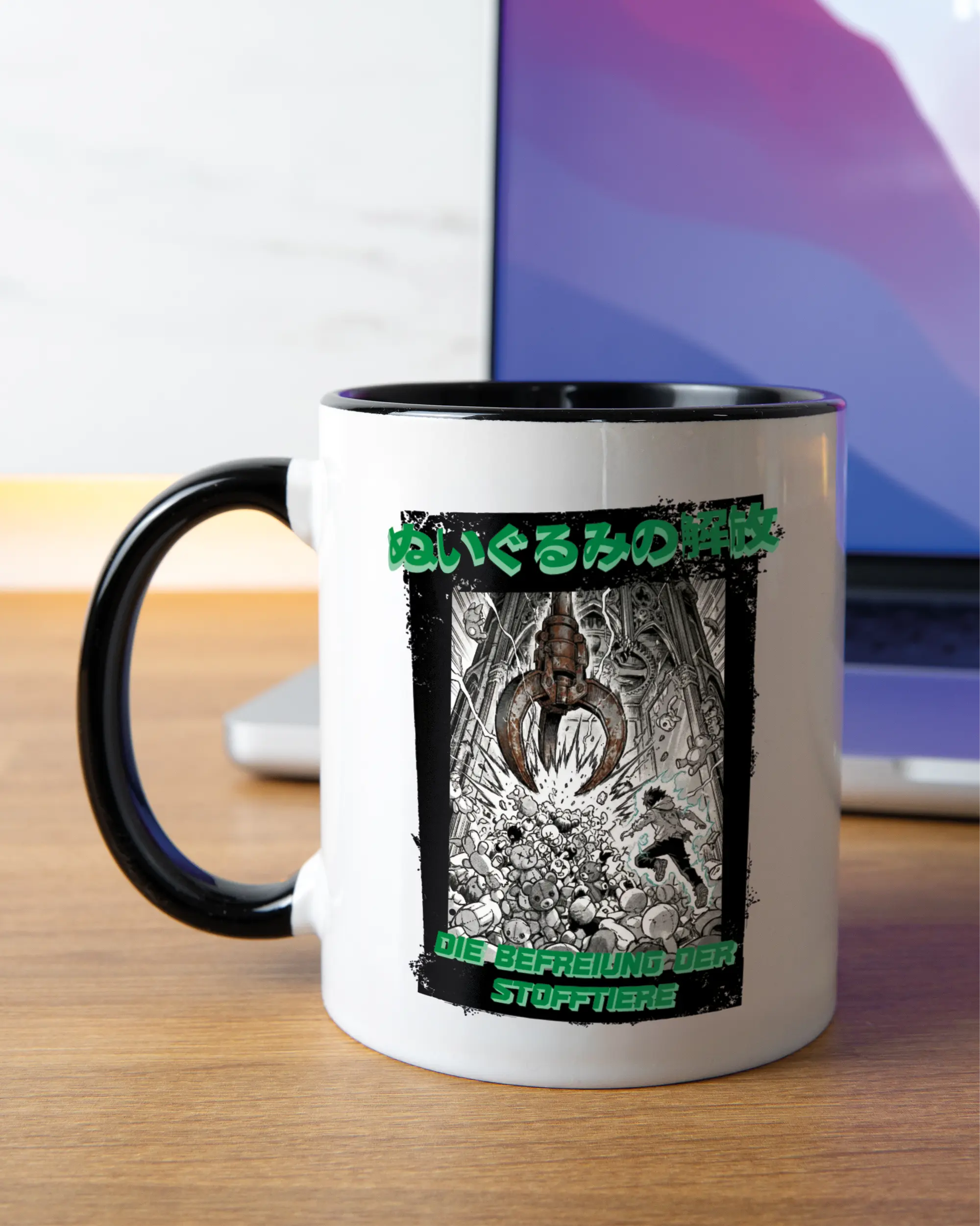 Homeoffice Aufnahme der linken Seite der beidseitig bedruckten Keramiktasse von Maondo mit dem Design Save 1 Stofftier in der Farbe Duotone