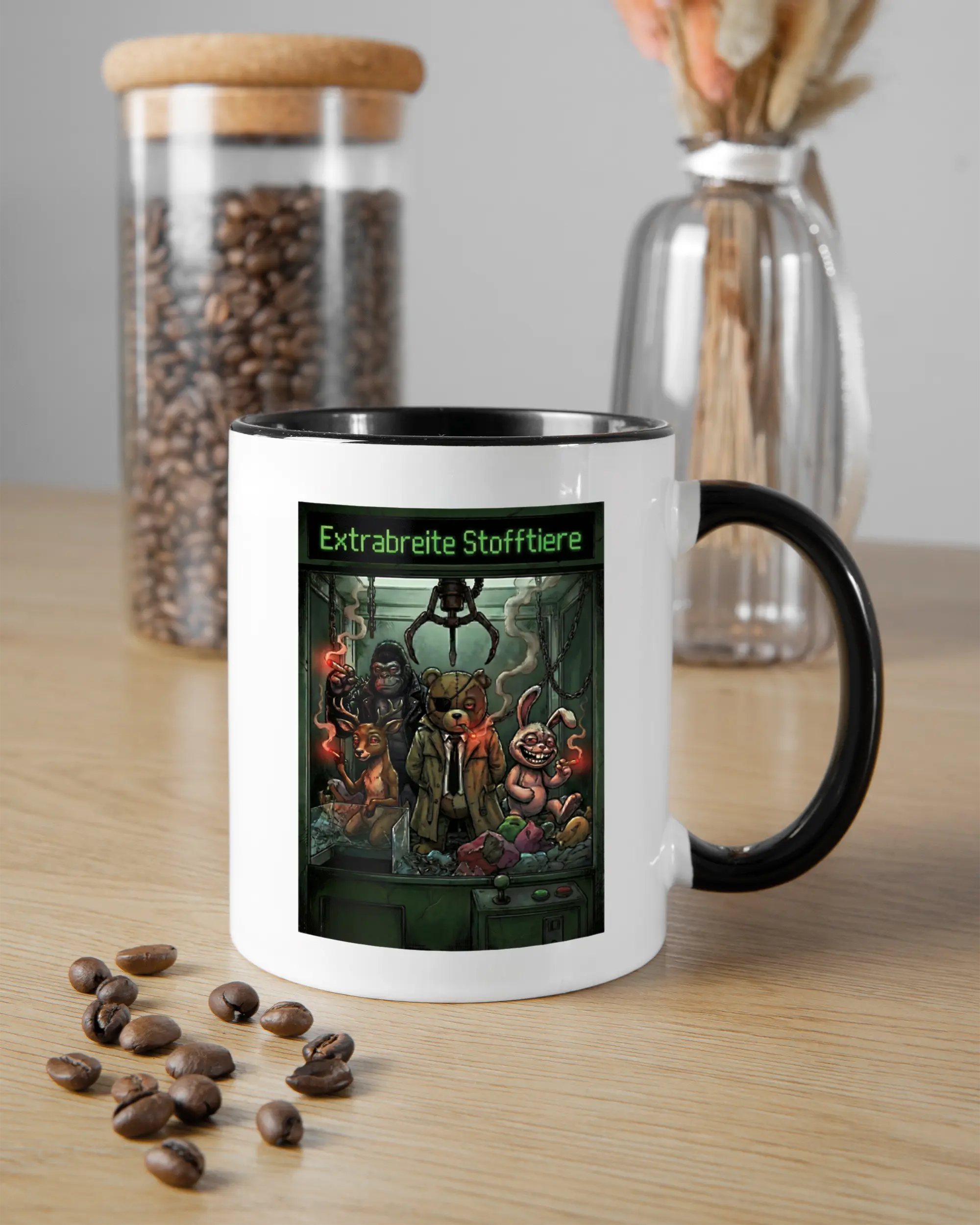 Küchentischansicht der rechten Seite der beidseitig bedruckten Keramiktasse von Maondo mit dem Design Extrabreit in der Farbe Duotone