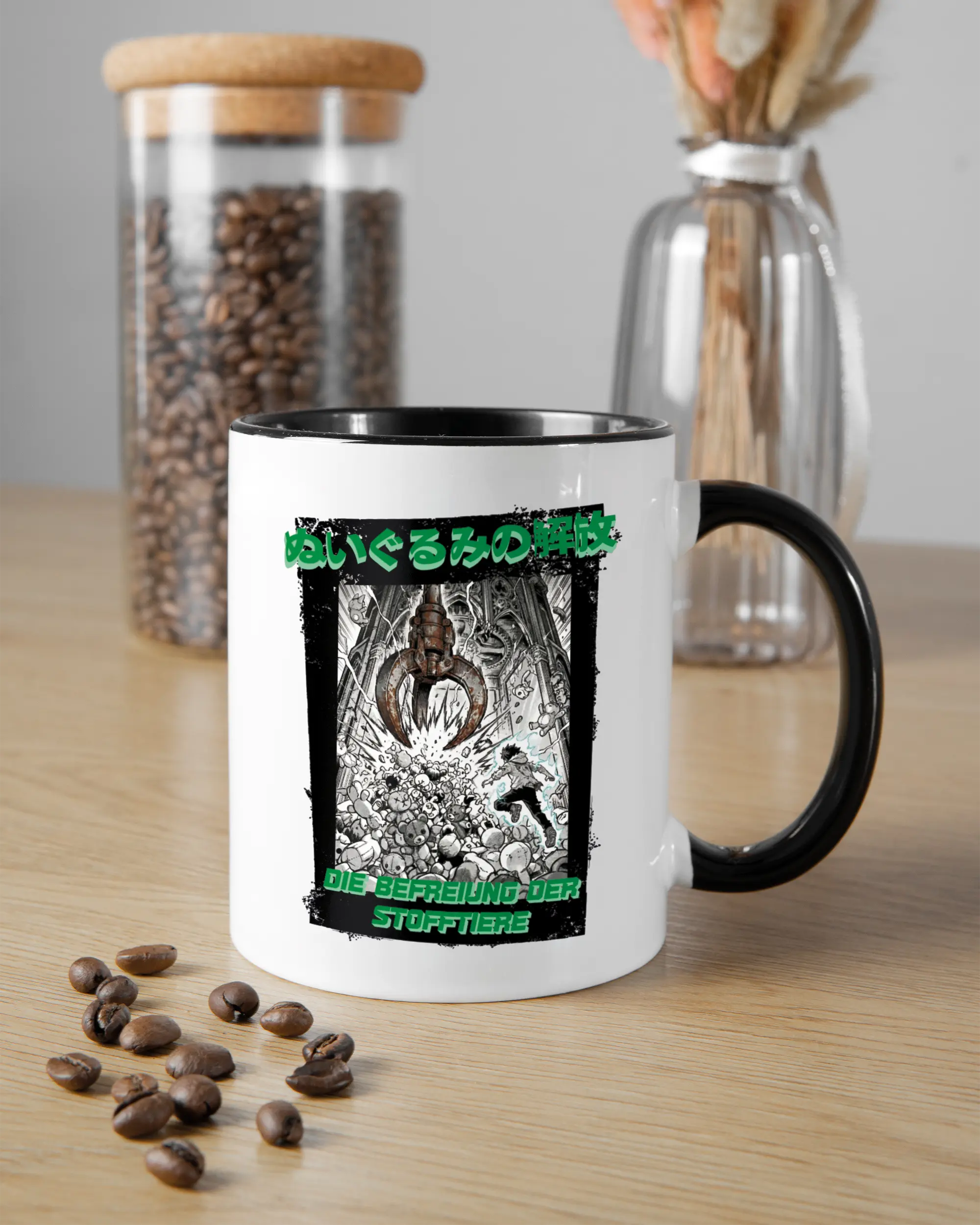 Küchentischansicht der rechten Seite der beidseitig bedruckten Keramiktasse von Maondo mit dem Design Save 1 Stofftier in der Farbe Duotone