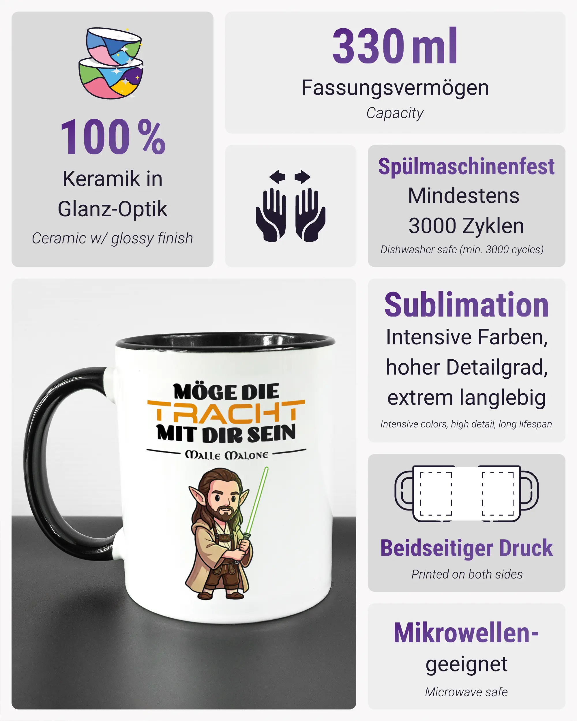 Produktinformationsblatt der beidseitig bedruckten Keramiktasse von Maondo mit dem Design Tracht mit dir in der Farbe Duotone