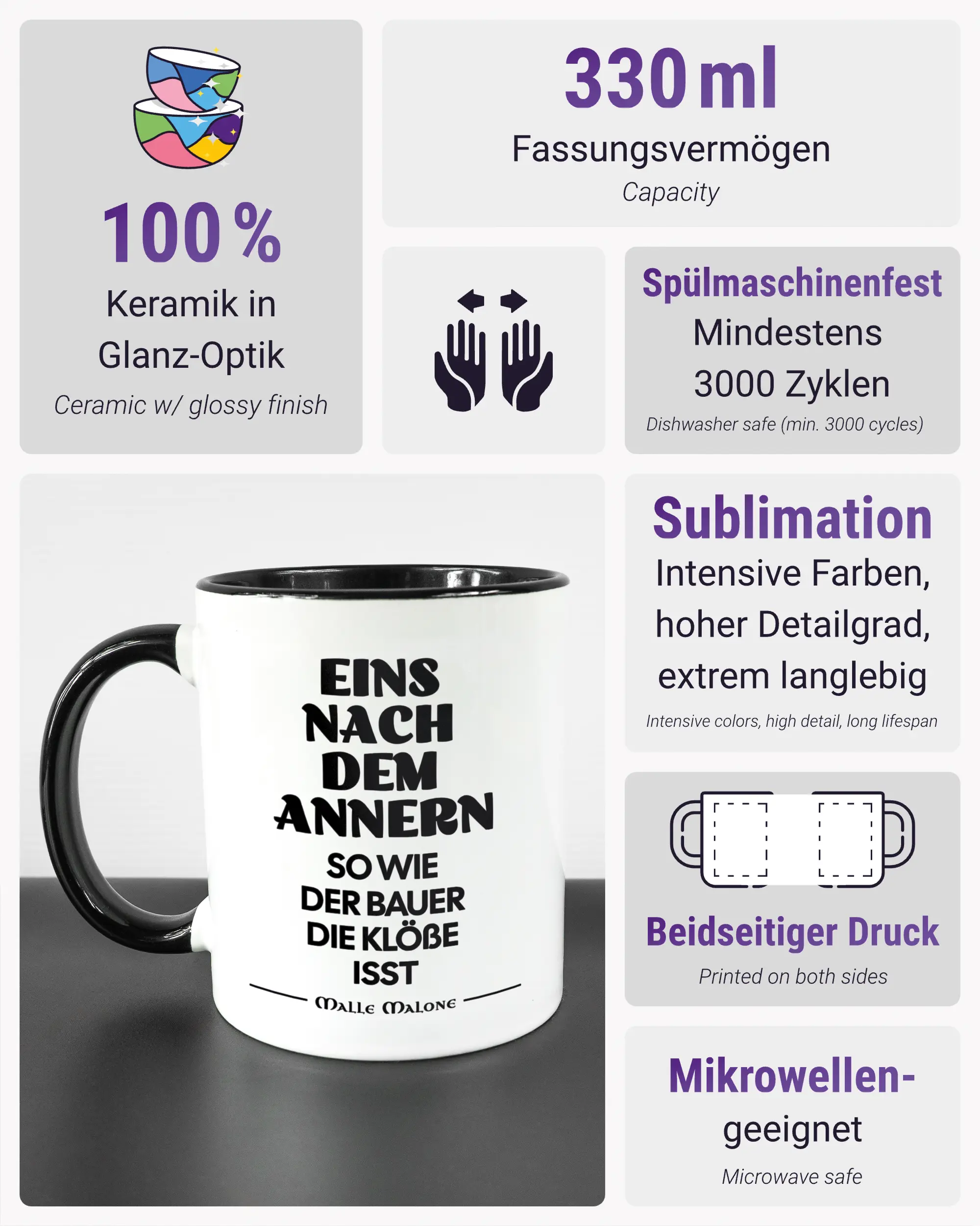Produktinformationsblatt der beidseitig bedruckten Keramiktasse von Maondo mit dem Design Eins nach dem Annern in der Farbe Duotone