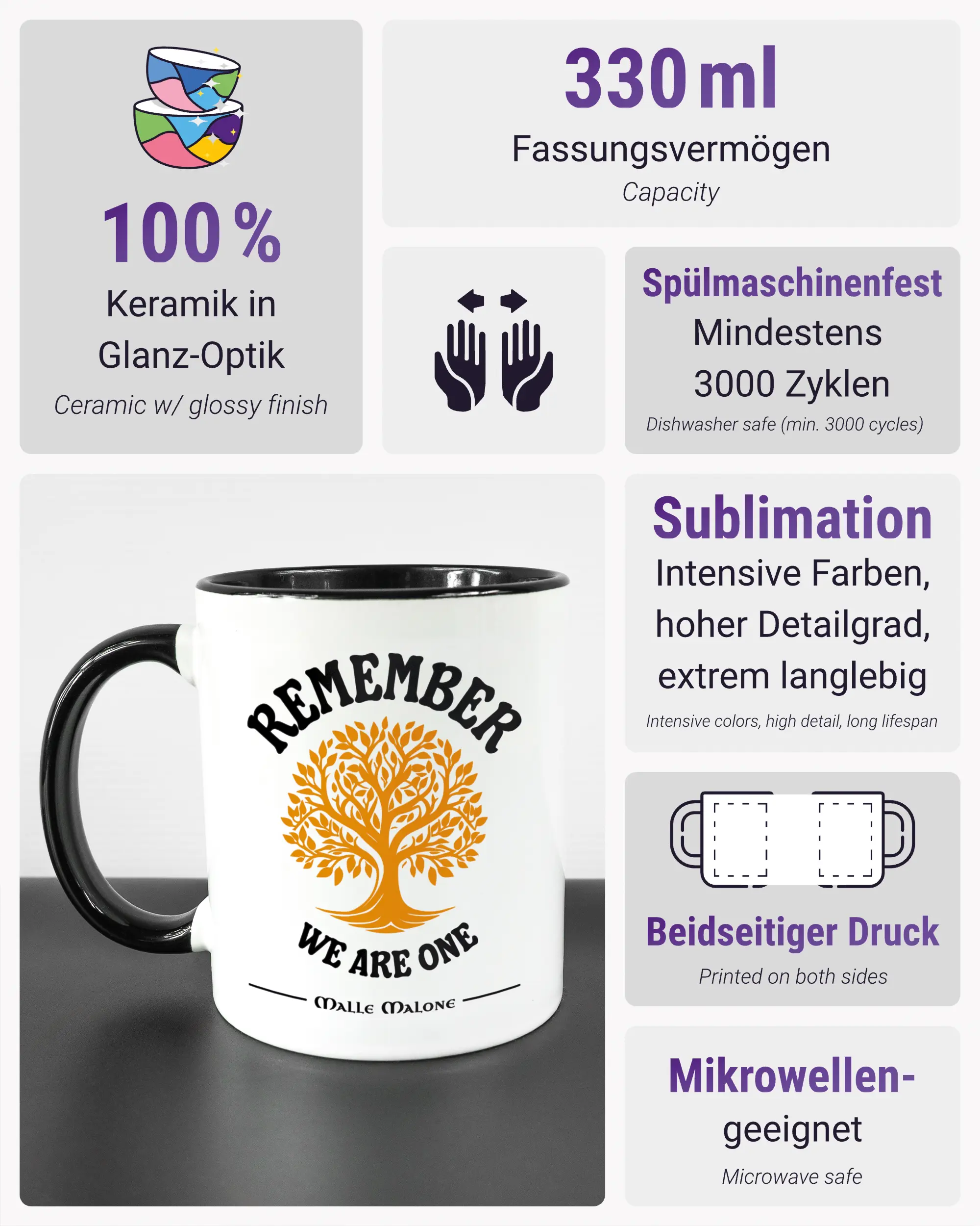 Produktinformationsblatt der beidseitig bedruckten Keramiktasse von Maondo mit dem Design We are one in der Farbe Duotone