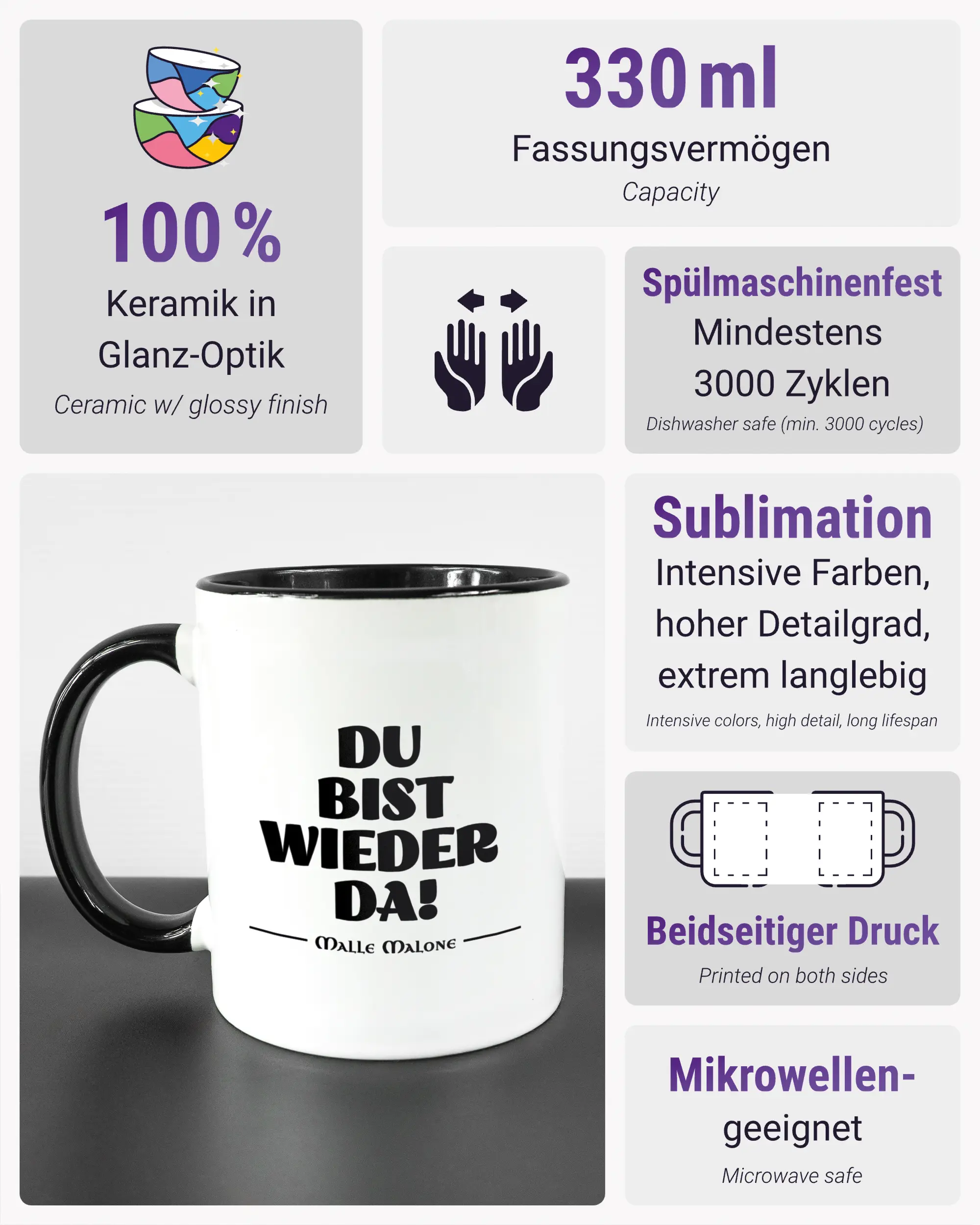 Produktinformationsblatt der beidseitig bedruckten Keramiktasse von Maondo mit dem Design Wieder da in der Farbe Duotone