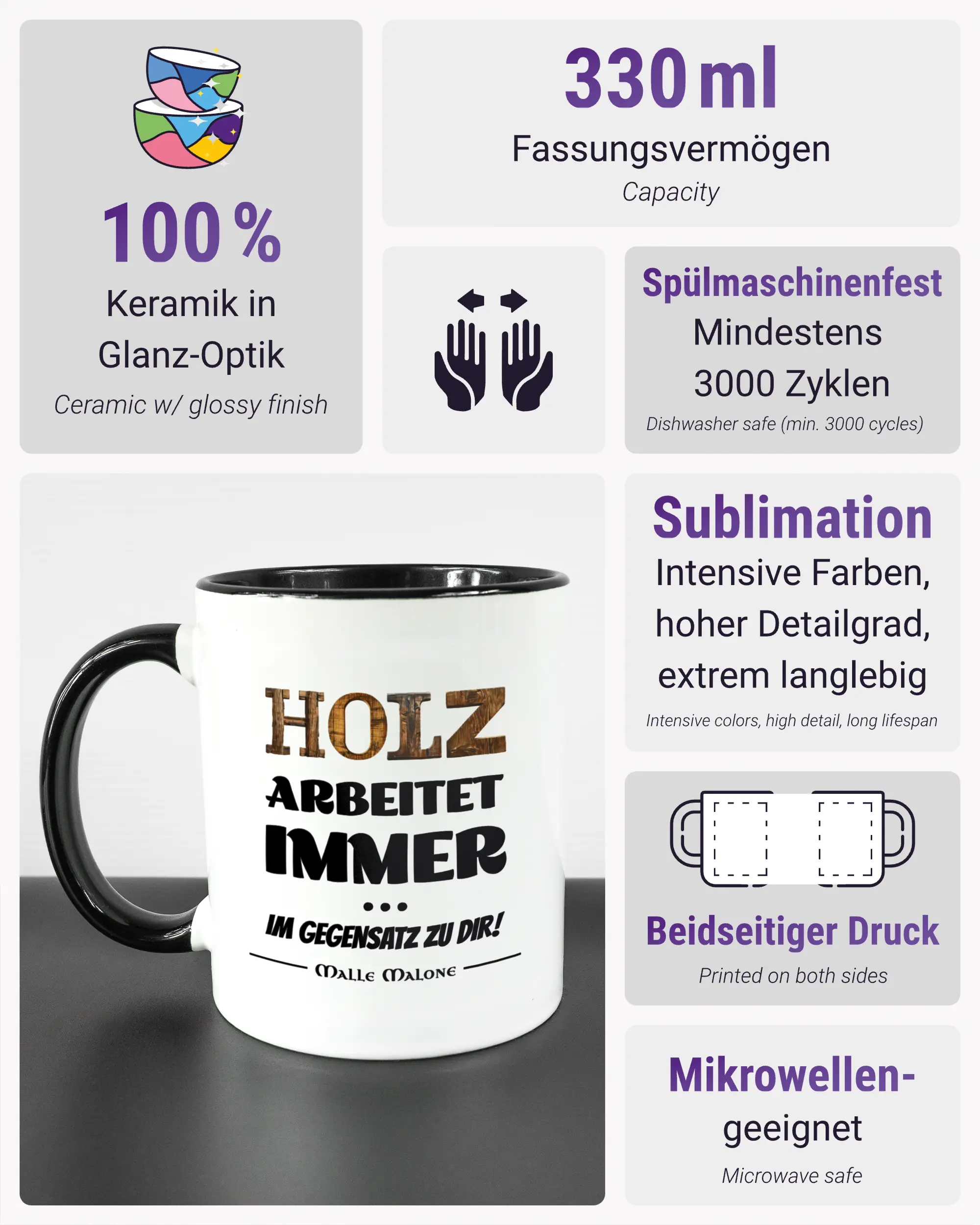 Produktinformationsblatt der beidseitig bedruckten Keramiktasse von Maondo mit dem Design Holzarbeit in der Farbe Duotone
