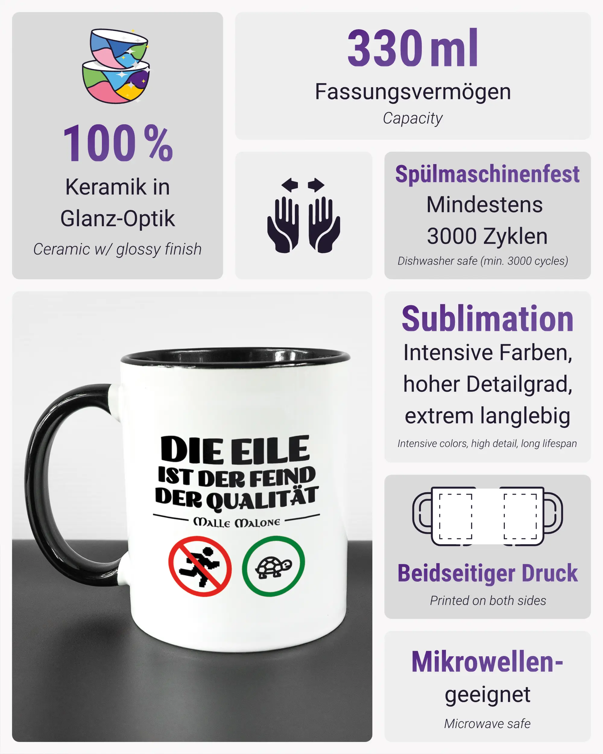Produktinformationsblatt der beidseitig bedruckten Keramiktasse von Maondo mit dem Design Keine Eile in der Farbe Duotone