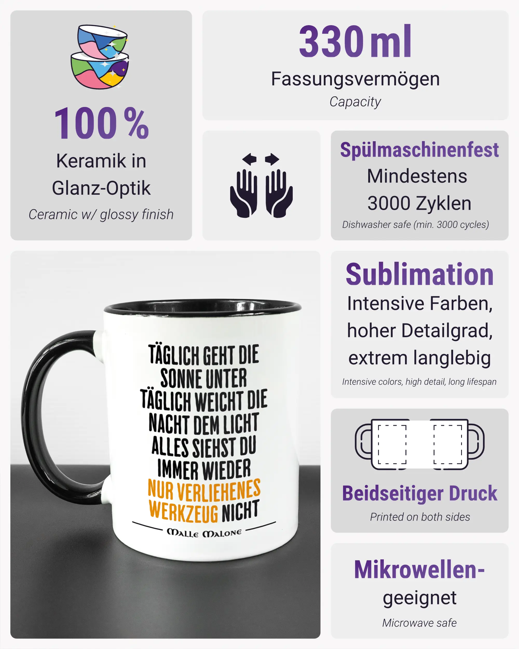 Produktinformationsblatt der beidseitig bedruckten Keramiktasse von Maondo mit dem Design Wegzeug in der Farbe Duotone