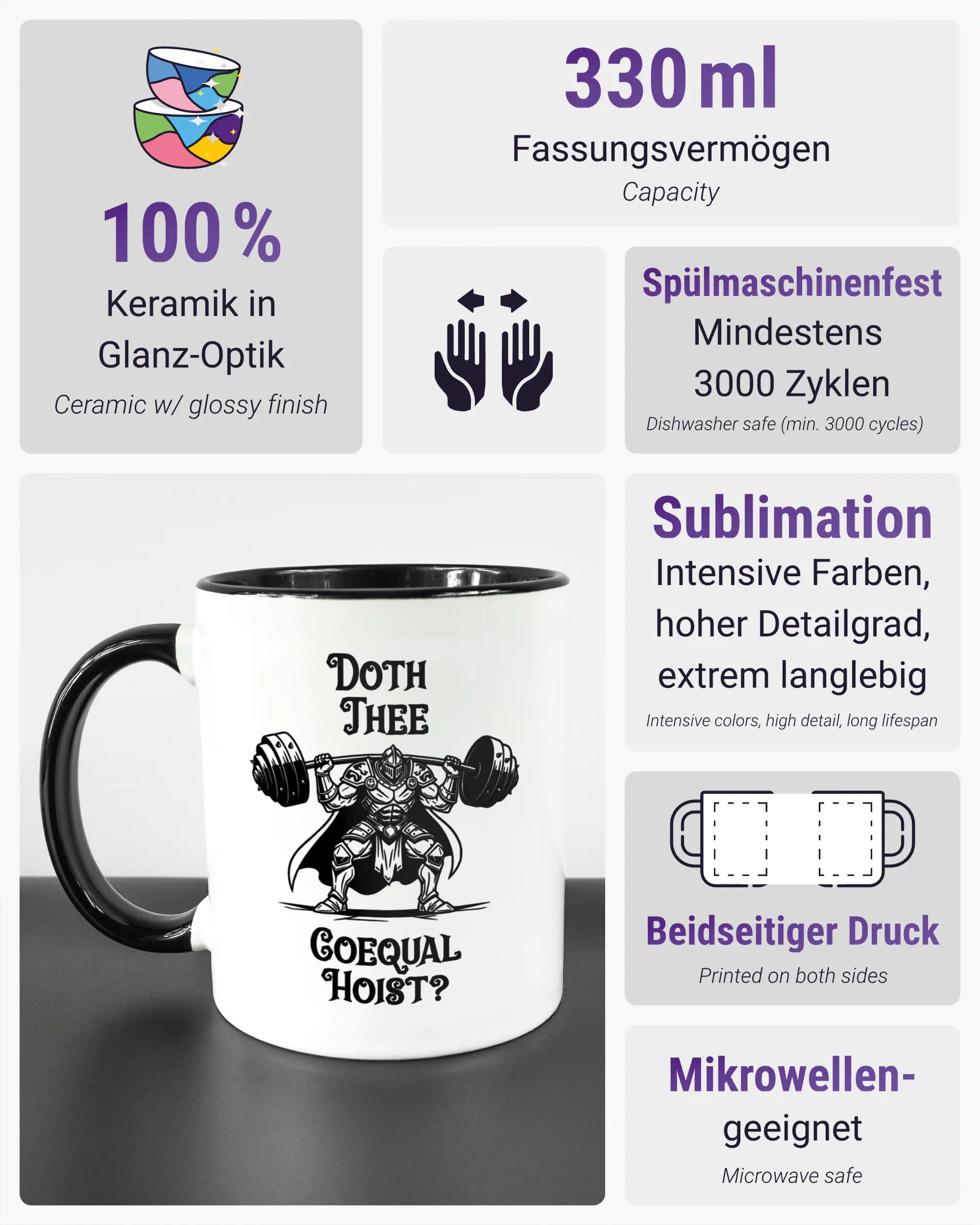 Produktinformationsblatt der beidseitig bedruckten Keramiktasse von Maondo mit dem Design Hoist Mode in der Farbe Duotone