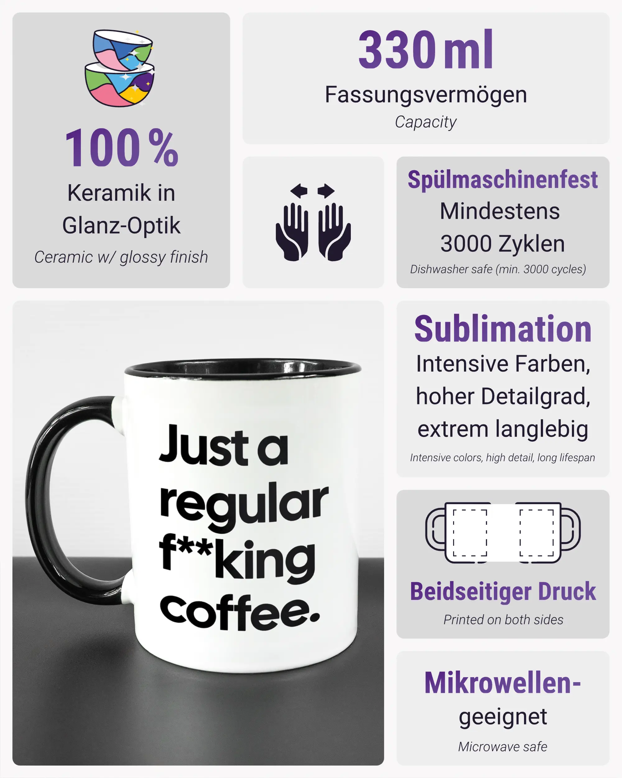 Produktinformationsblatt der beidseitig bedruckten Keramiktasse von Maondo mit dem Design Regular Coffee in der Farbe Duotone
