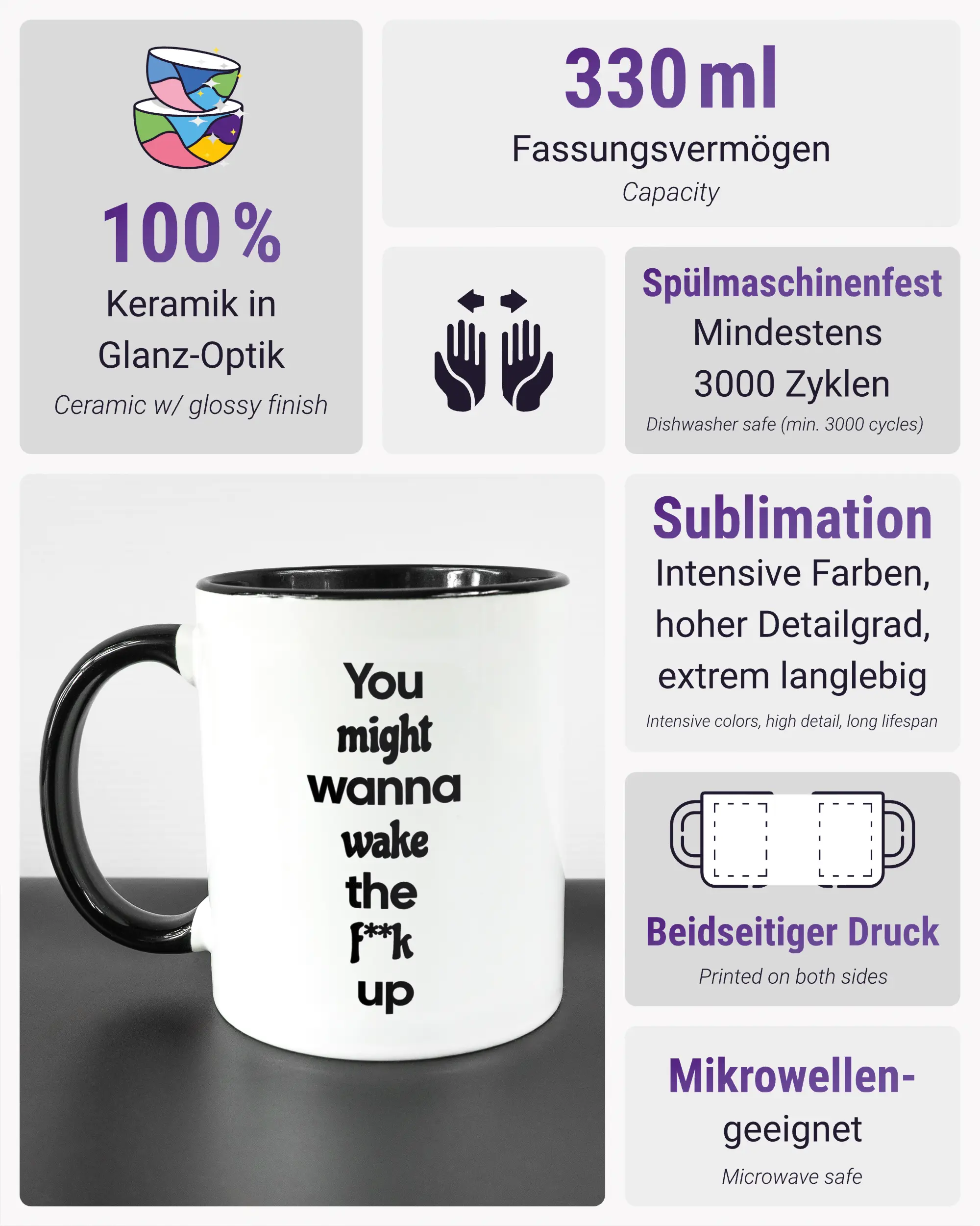 Produktinformationsblatt der beidseitig bedruckten Keramiktasse von Maondo mit dem Design Wanna Wake in der Farbe Duotone