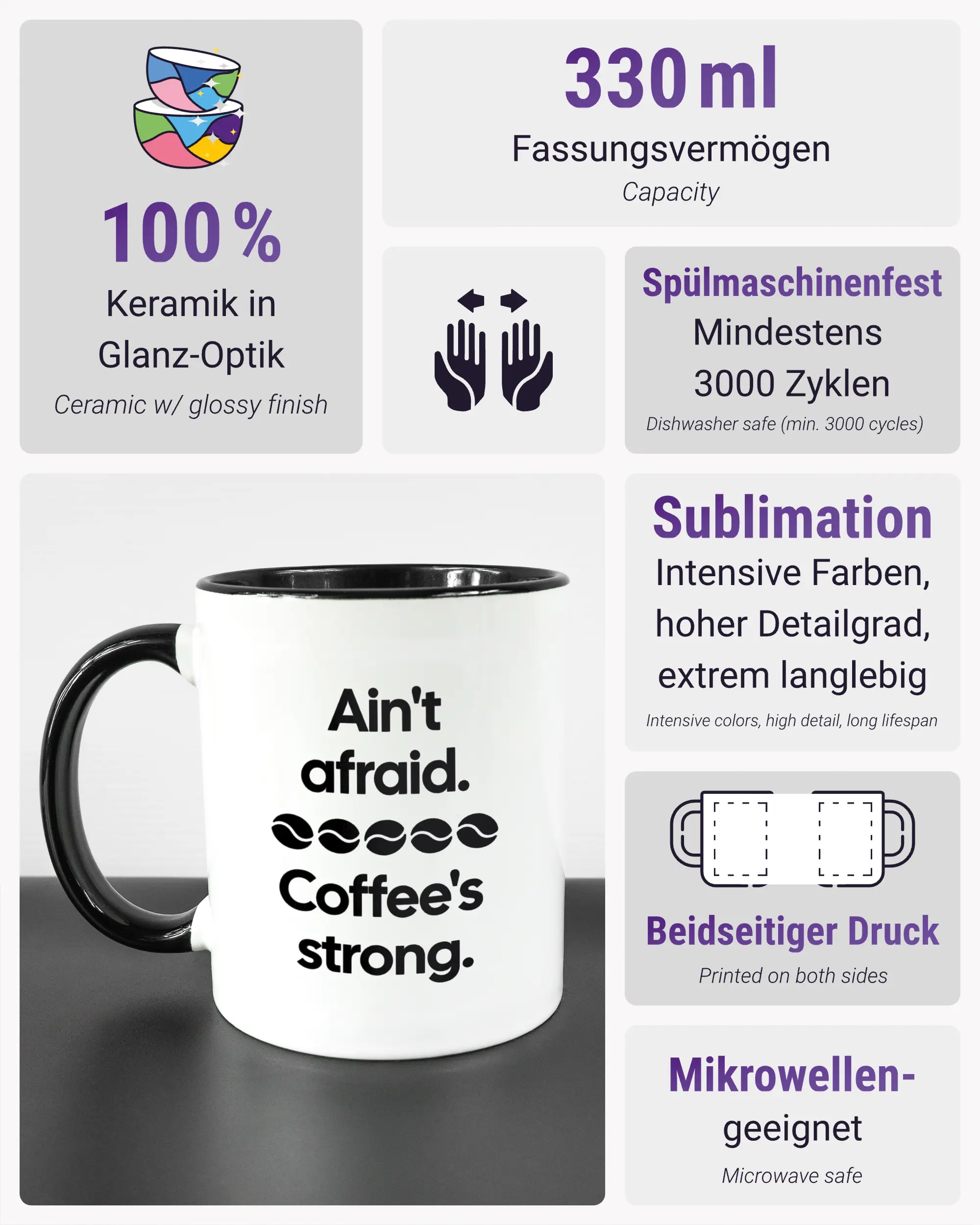 Produktinformationsblatt der beidseitig bedruckten Keramiktasse von Maondo mit dem Design Coffee is strong in der Farbe Duotone