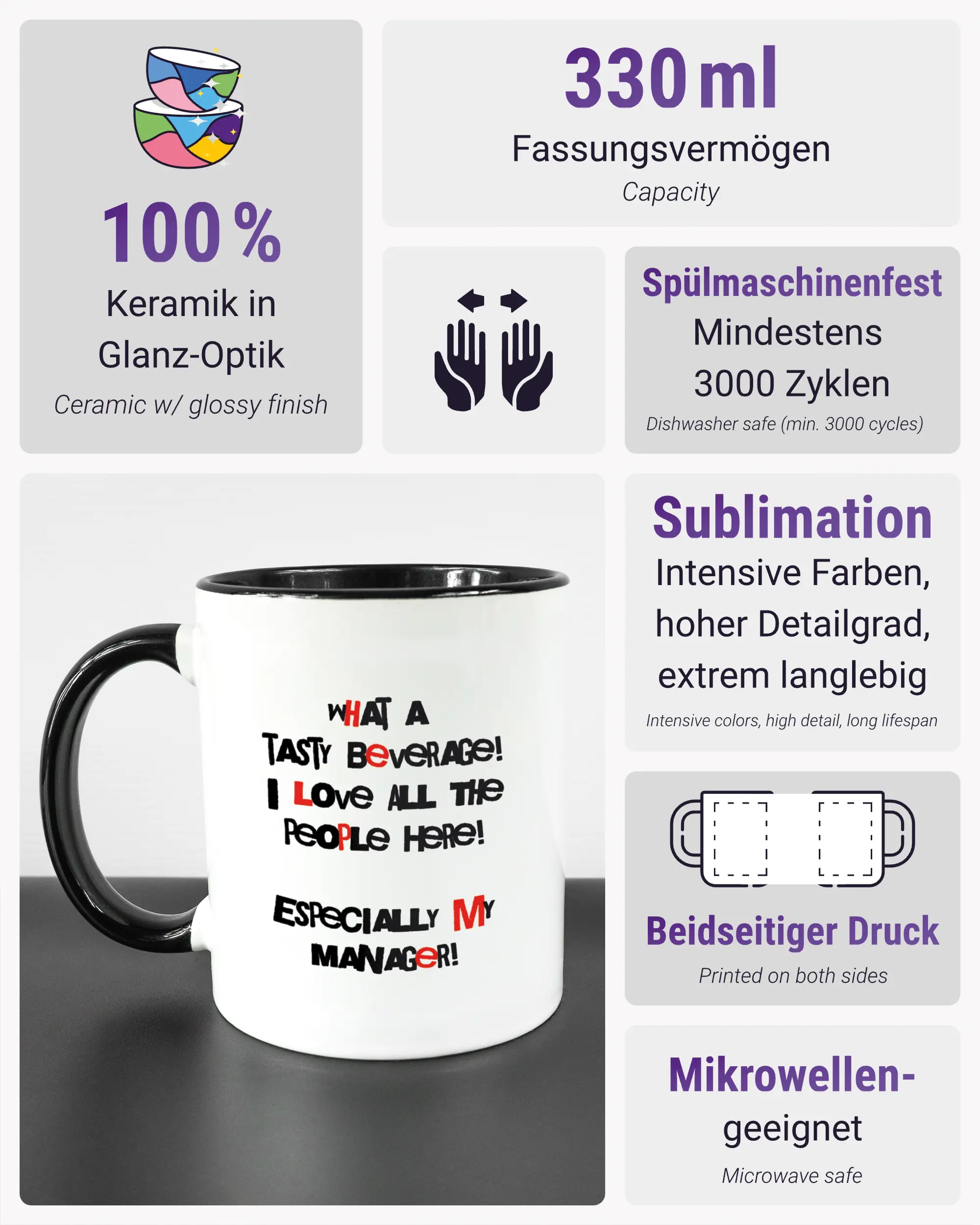 Produktinformationsblatt der beidseitig bedruckten Keramiktasse von Maondo mit dem Design Help me in der Farbe Duotone