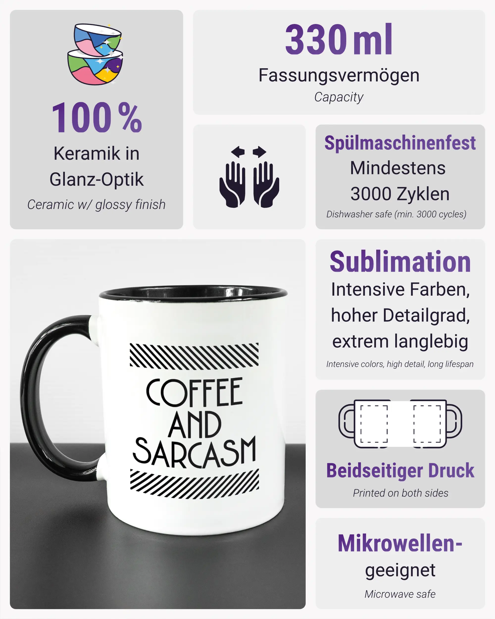 Produktinformationsblatt der beidseitig bedruckten Keramiktasse von Maondo mit dem Design Sarcastic Cup in der Farbe Duotone