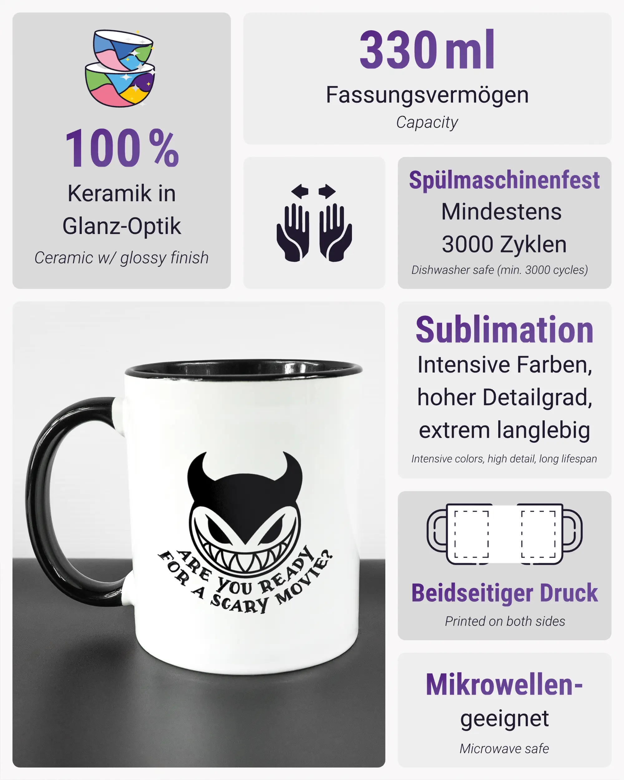 Produktinformationsblatt der beidseitig bedruckten Keramiktasse von Maondo mit dem Design Scary Movie in der Farbe Duotone