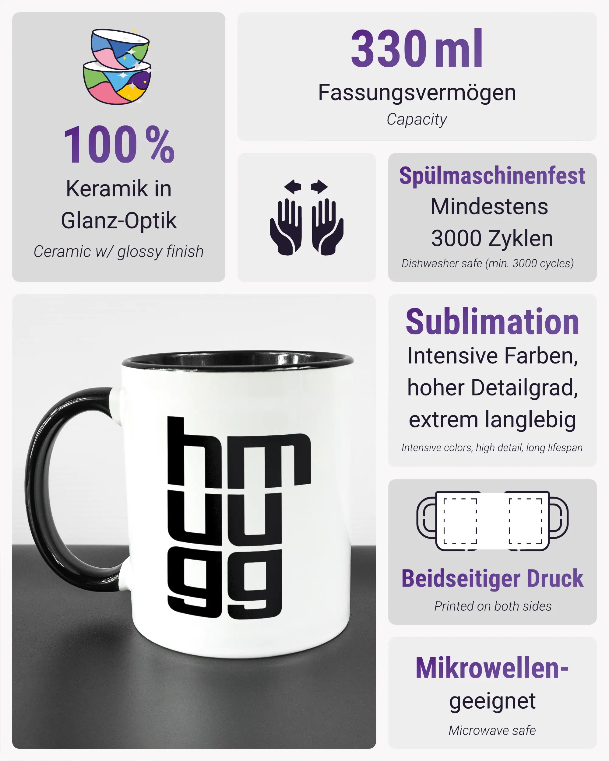 Produktinformationsblatt der beidseitig bedruckten Keramiktasse von Maondo mit dem Design Hug Mug in der Farbe Duotone