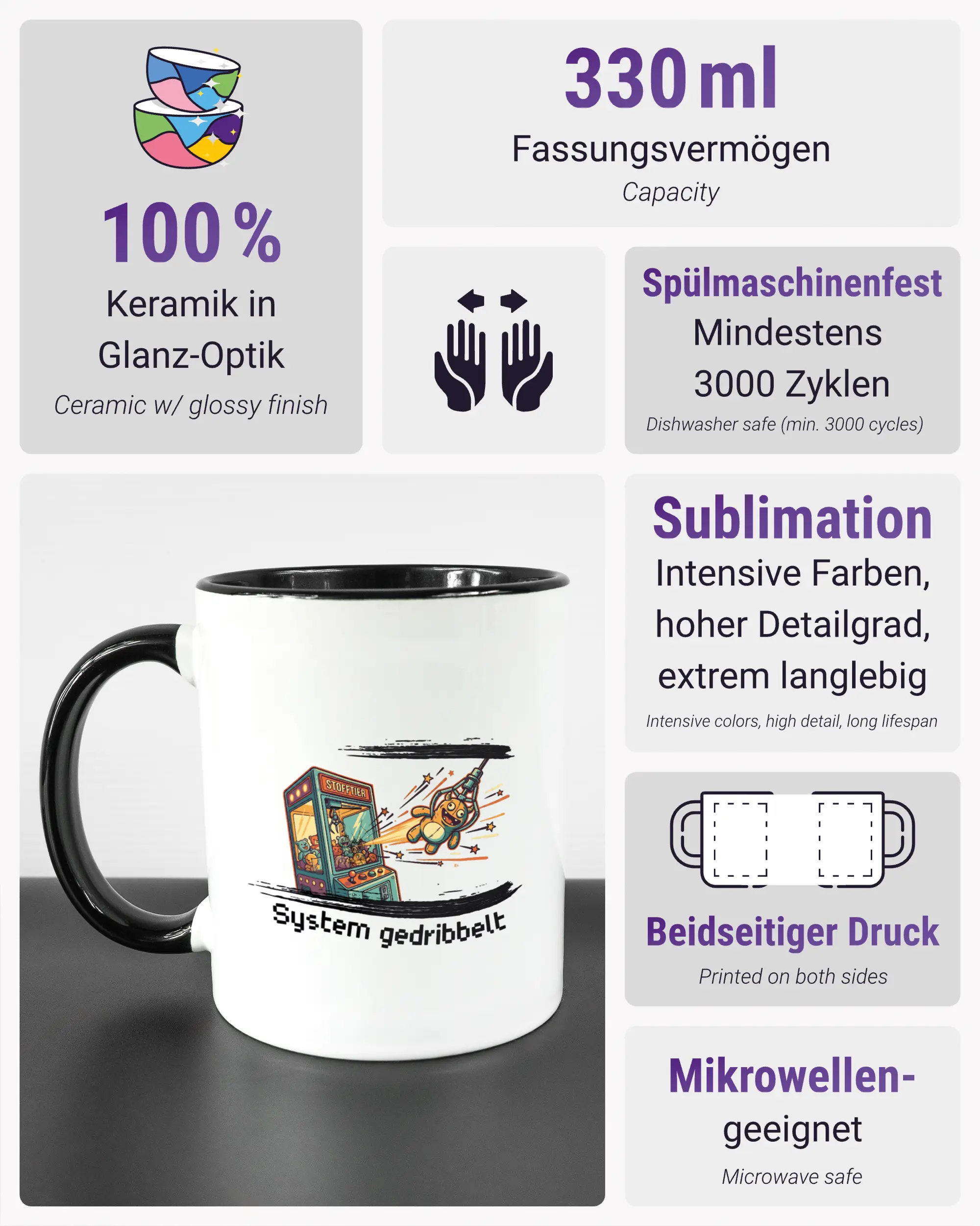 Produktinformationsblatt der beidseitig bedruckten Keramiktasse von Maondo mit dem Design System gedribbelt in der Farbe Duotone