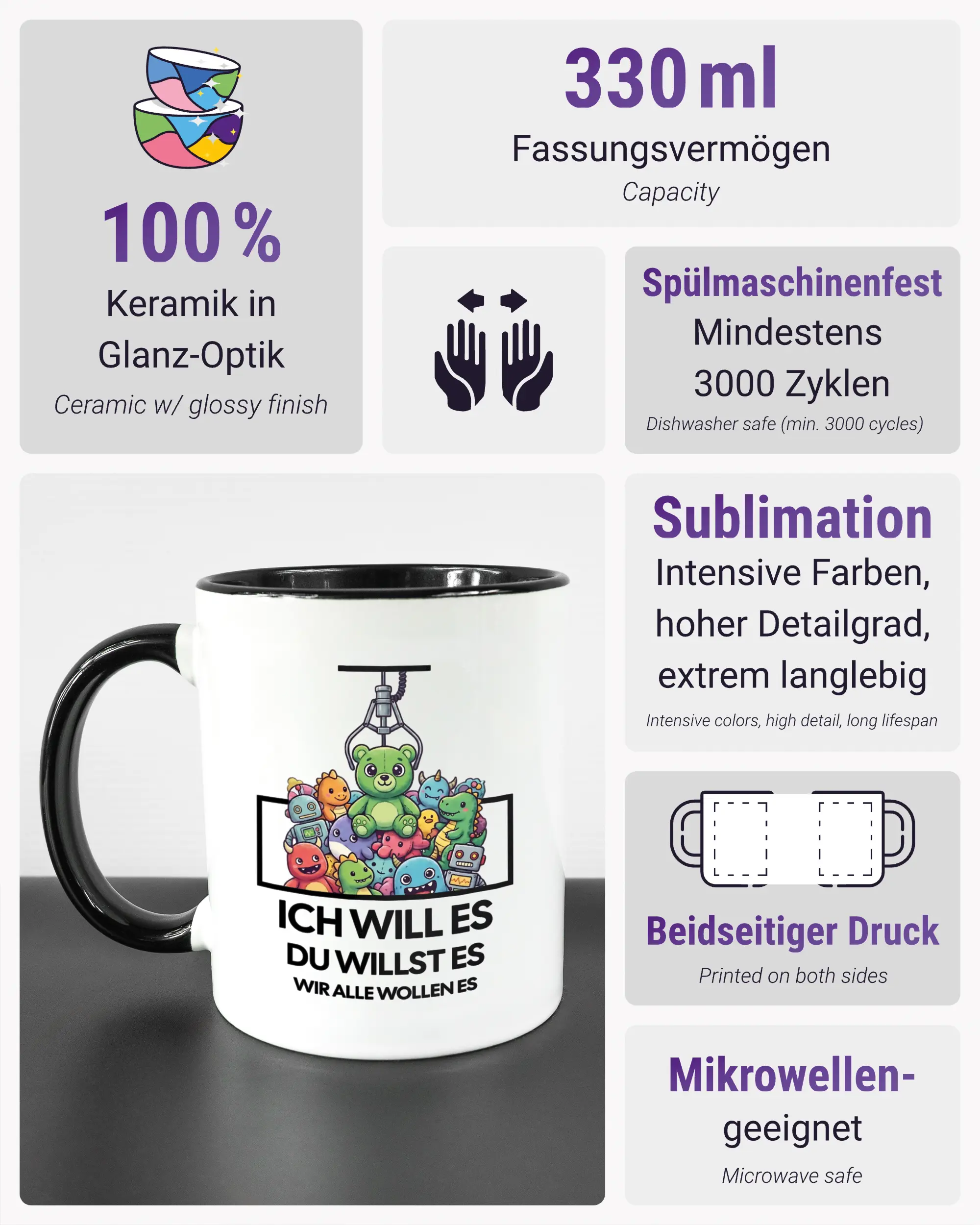 Produktinformationsblatt der beidseitig bedruckten Keramiktasse von Maondo mit dem Design Will Stofftier in der Farbe Duotone