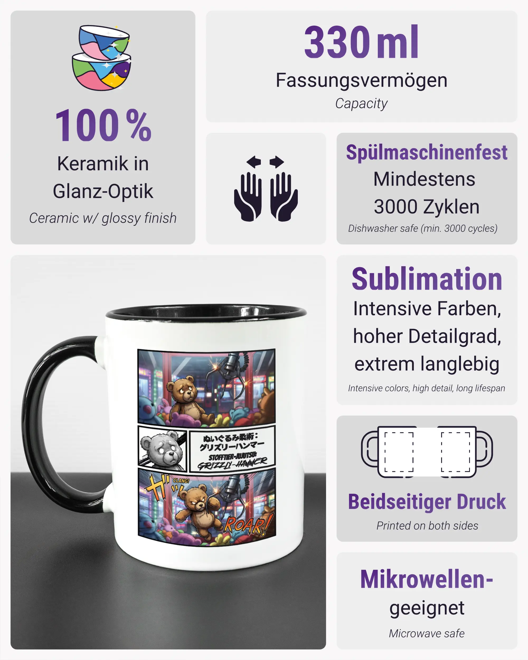 Produktinformationsblatt der beidseitig bedruckten Keramiktasse von Maondo mit dem Design Manga Stoff in der Farbe Duotone