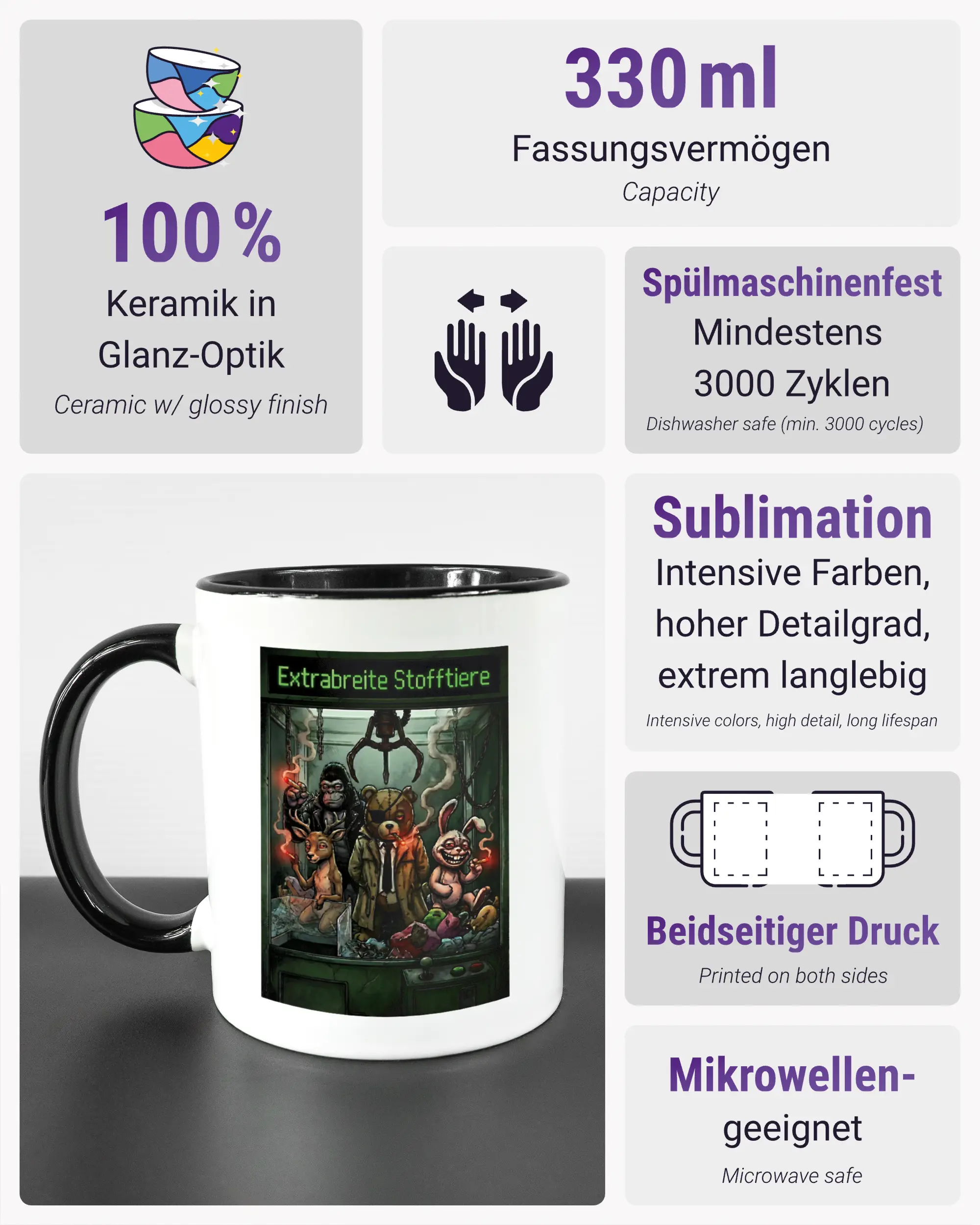 Produktinformationsblatt der beidseitig bedruckten Keramiktasse von Maondo mit dem Design Extrabreit in der Farbe Duotone