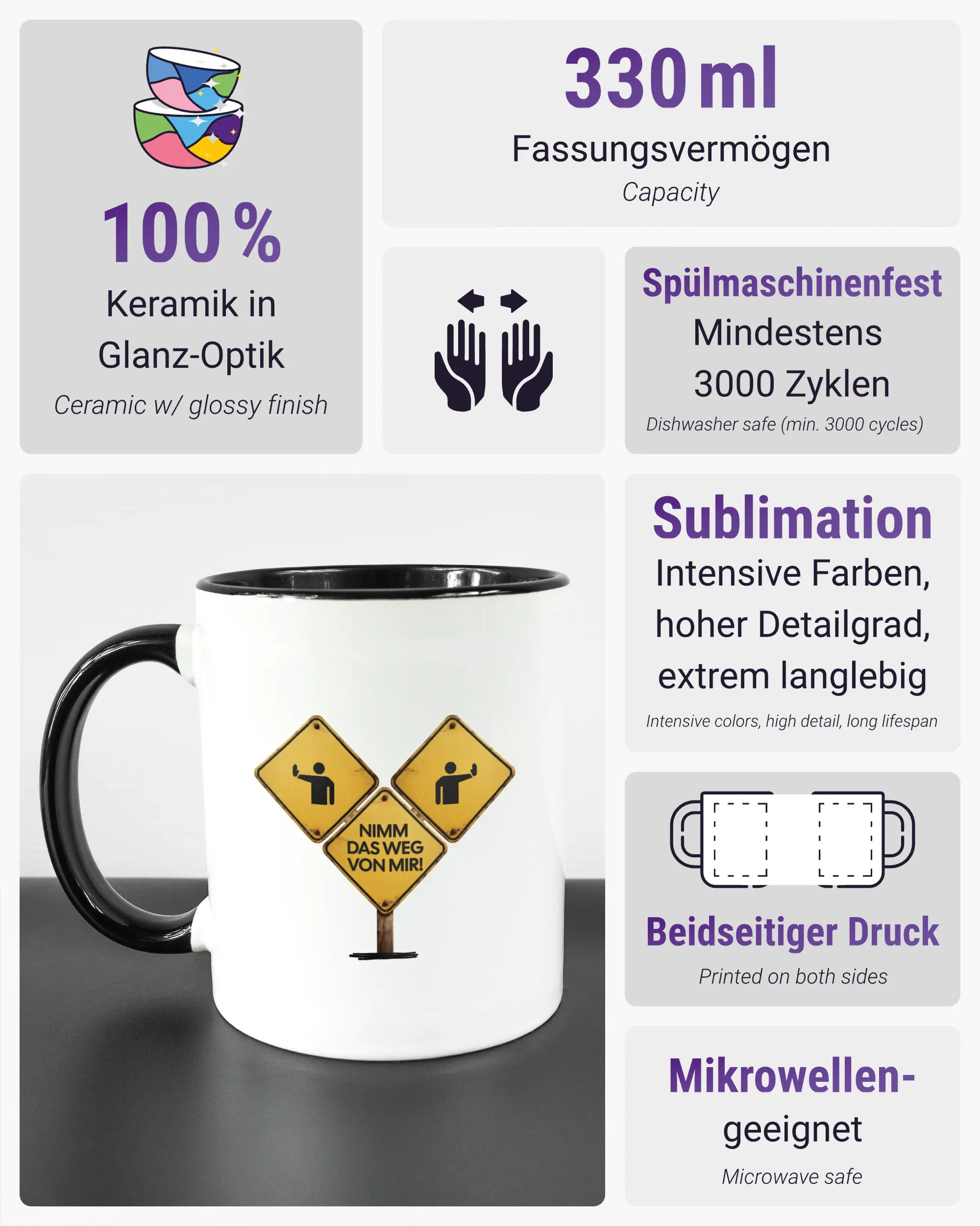 Produktinformationsblatt der beidseitig bedruckten Keramiktasse von Maondo mit dem Design Schutzschild in der Farbe Duotone