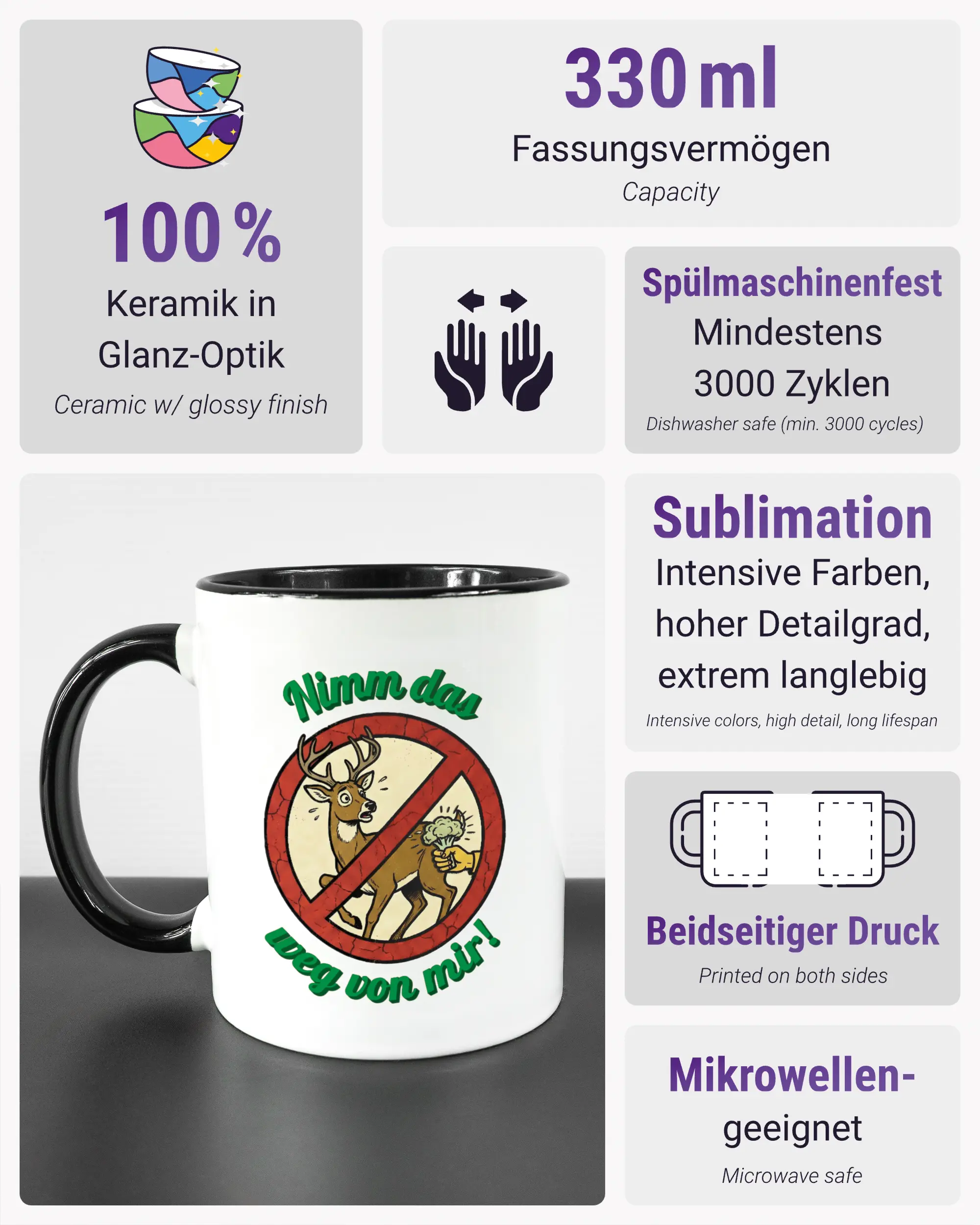 Produktinformationsblatt der beidseitig bedruckten Keramiktasse von Maondo mit dem Design Reh weg in der Farbe Duotone