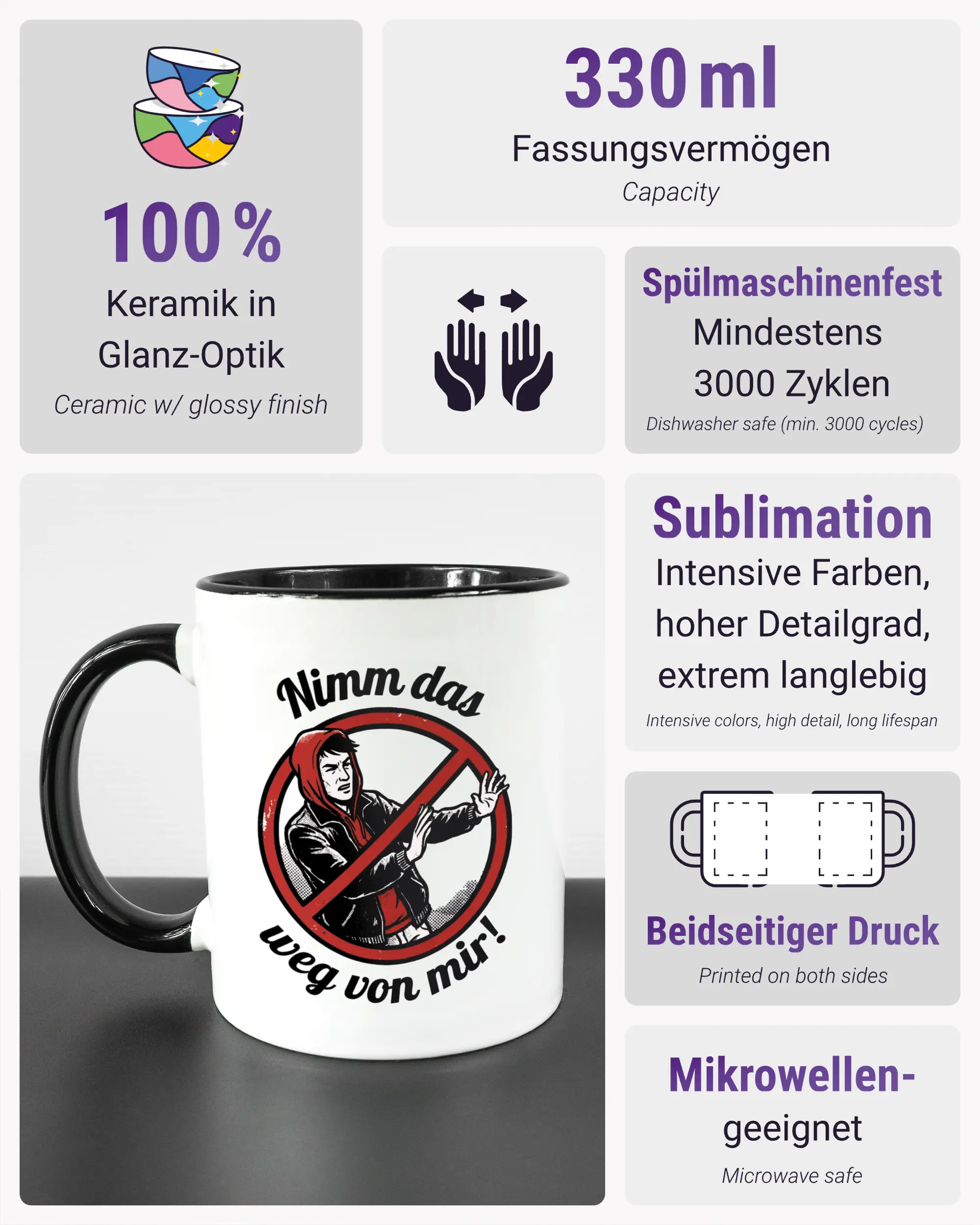Produktinformationsblatt der beidseitig bedruckten Keramiktasse von Maondo mit dem Design Nimm das weg in der Farbe Duotone