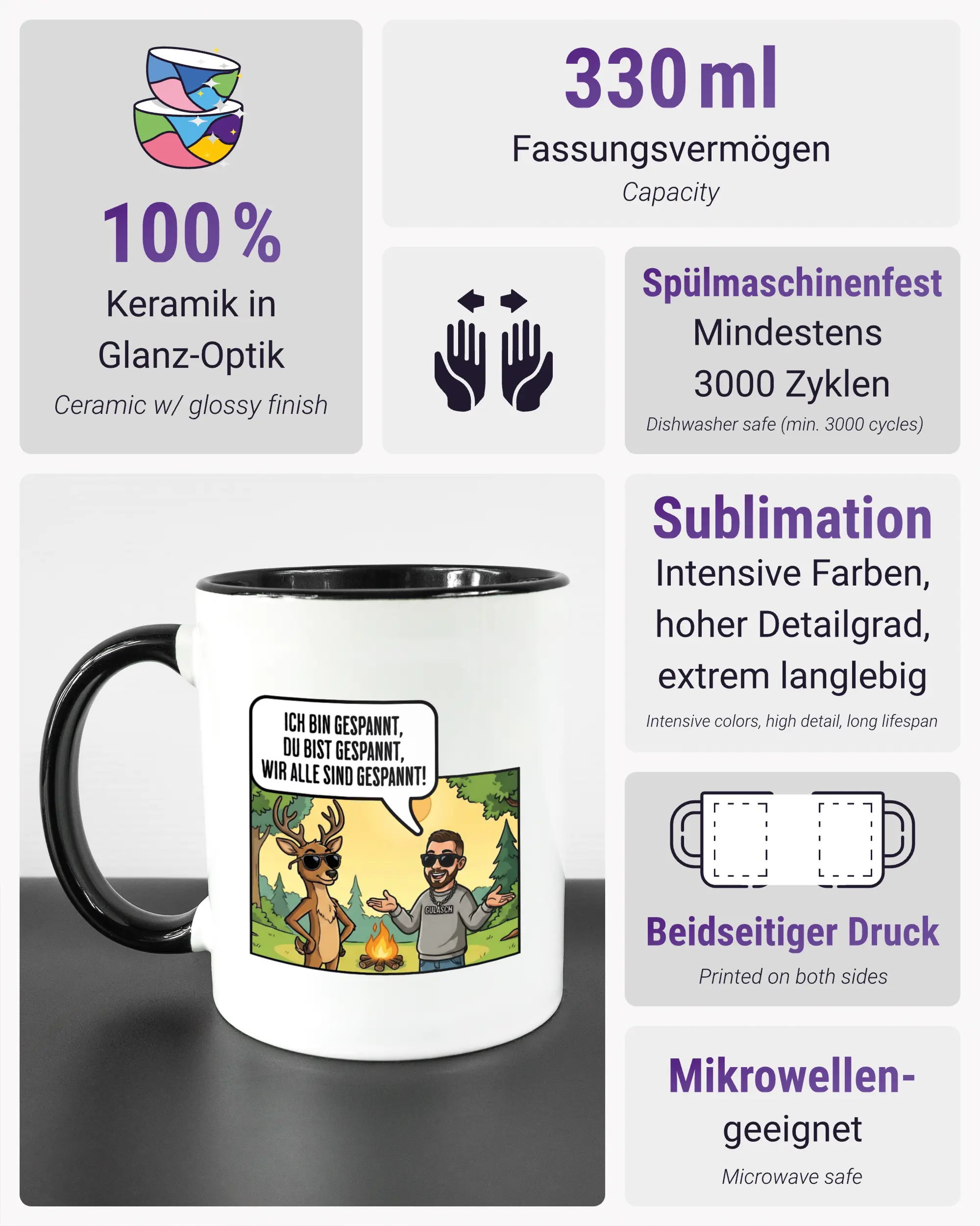 Produktinformationsblatt der beidseitig bedruckten Keramiktasse von Maondo mit dem Design Vollspannung in der Farbe Duotone